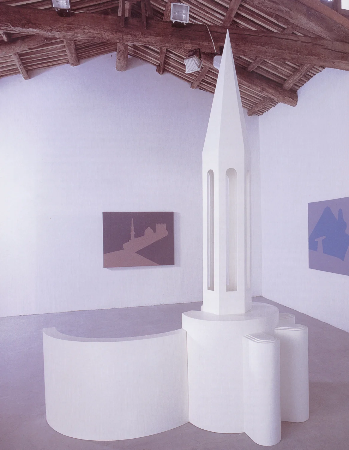 Reconfigured Monuments, 2001, sculpture: painted wood, 210 x 150 x 270 cm and three paintings: acrylic on canvas,140 x 110 cm. Installation view , Marco Noire Contemporary Arts Gallery, Turin, Italy, 2002. Courtesy: The Modern Art Gallery (GAM), Turin, Italy