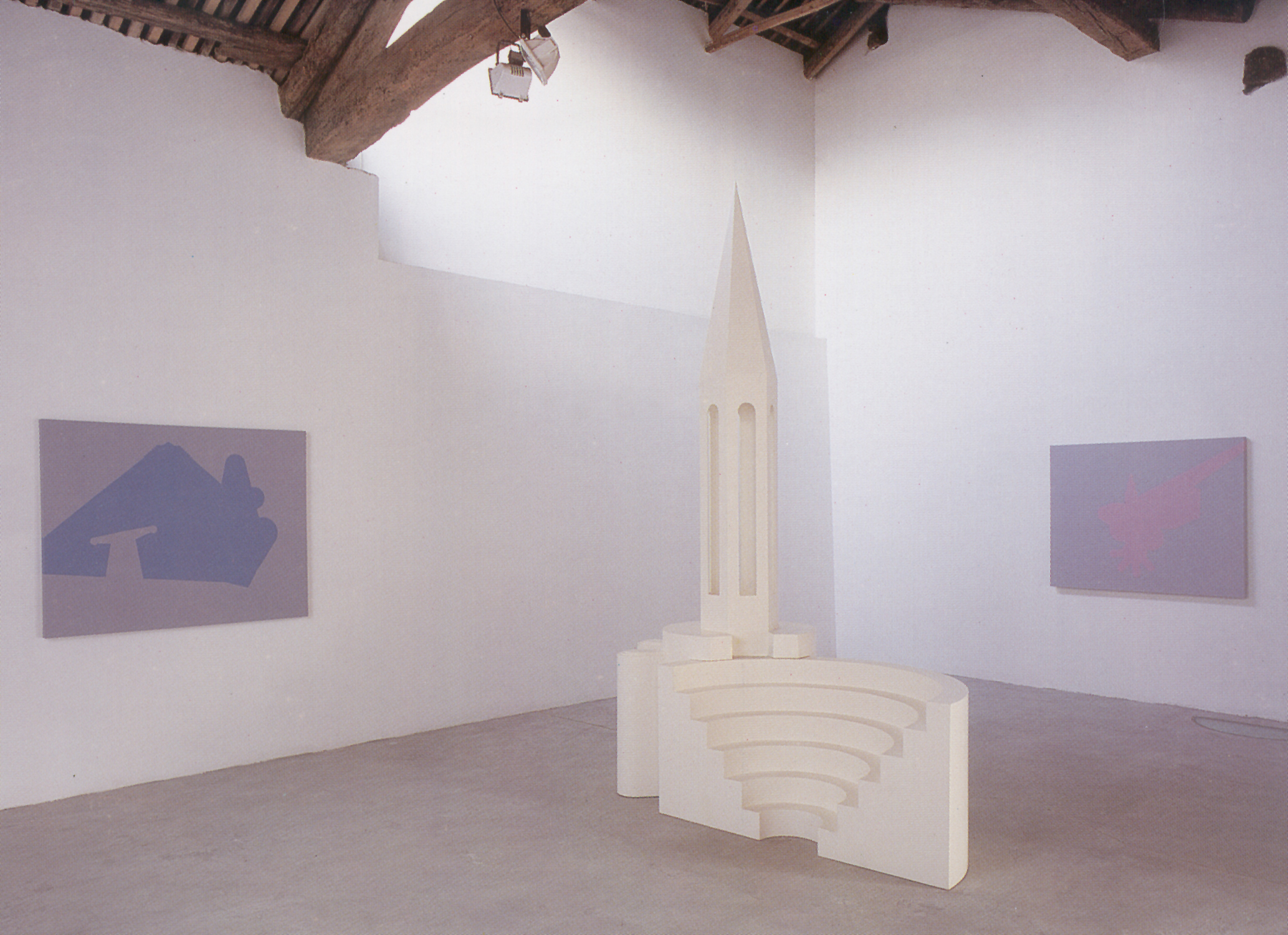  Reconfigured Monuments, 2001, sculpture: painted wood, 210 x 150 x 270 cm and three paintings: acrylic on canvas,140 x 110 cm. Installation view, Marco Noire Contemporary Arts Gallery, Turin, Italy, 2002. Courtesy: The Modern Art Gallery (GAM), Turi