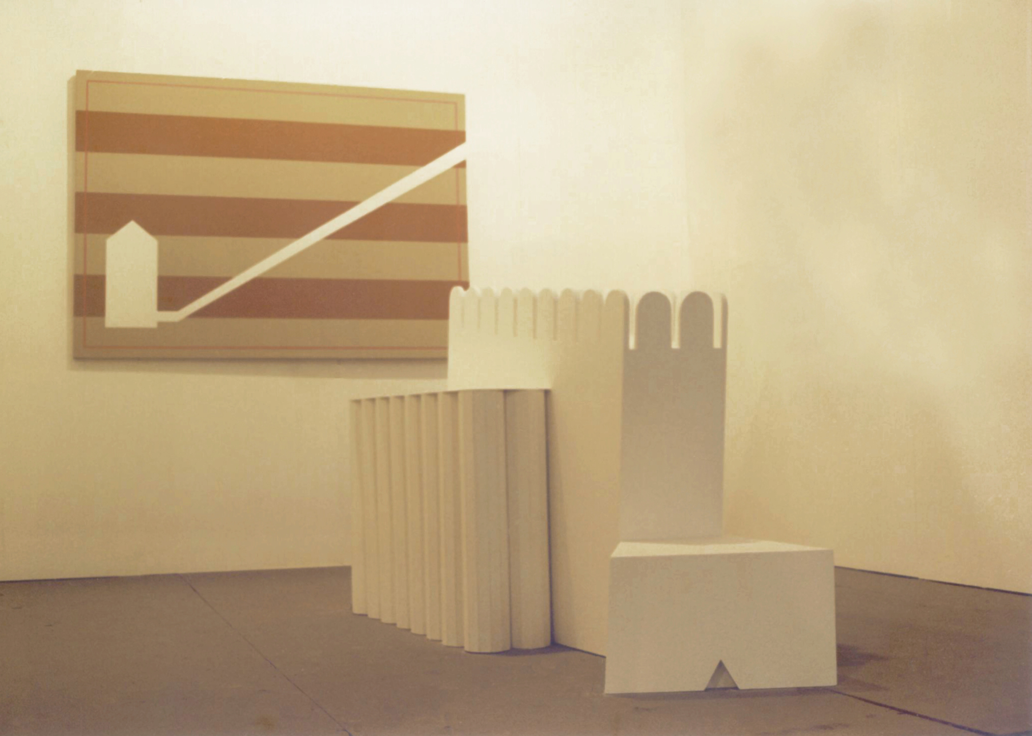  Burial Chamber I, 1998, sculpture: painted wood, 200 x 122 x 122 cm and painting: Chamber, 1998, acrylic on canvas,140 x 100 cm. Installation view. Courtesy: La Gaia Collection, Italy 