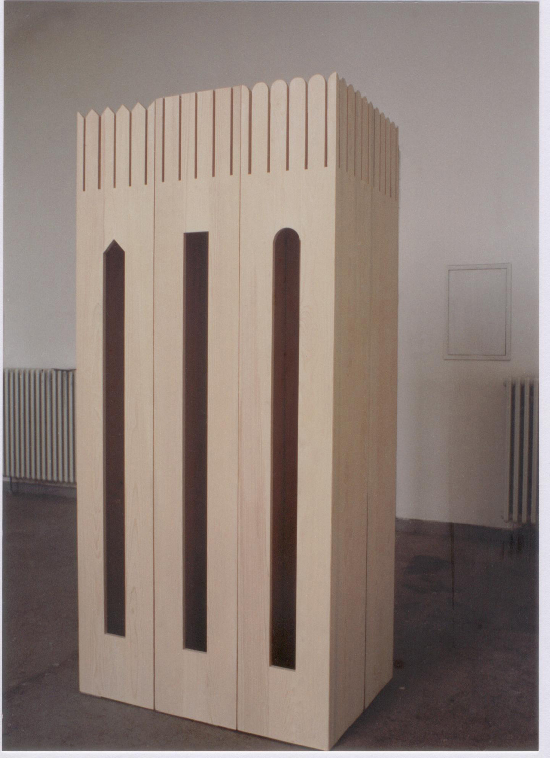  The Castle, 1996, natural polished wood, 120 x 80 x 225 cm. Installation view. Düsseldorf fine arts Academy, Düsseldorf, Germany 