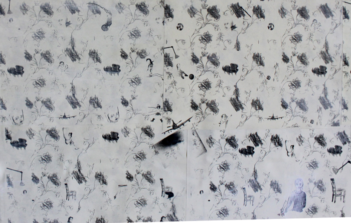  Close up detail of  Wall Paper (A Tribute to Basma Al Khatib and Roald Dahl), mixed media on paper, 300 x 470 cm 