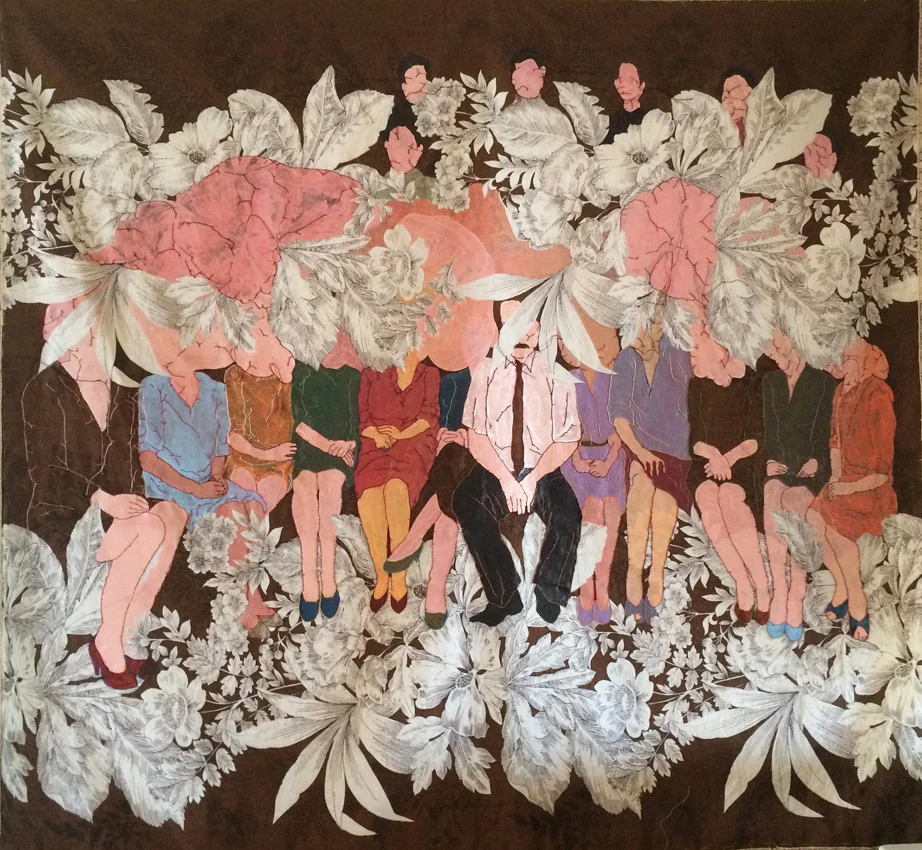 The Deficient Joint Gap, 2017, embroidery and painting on table cover, 119 x 130 cm.