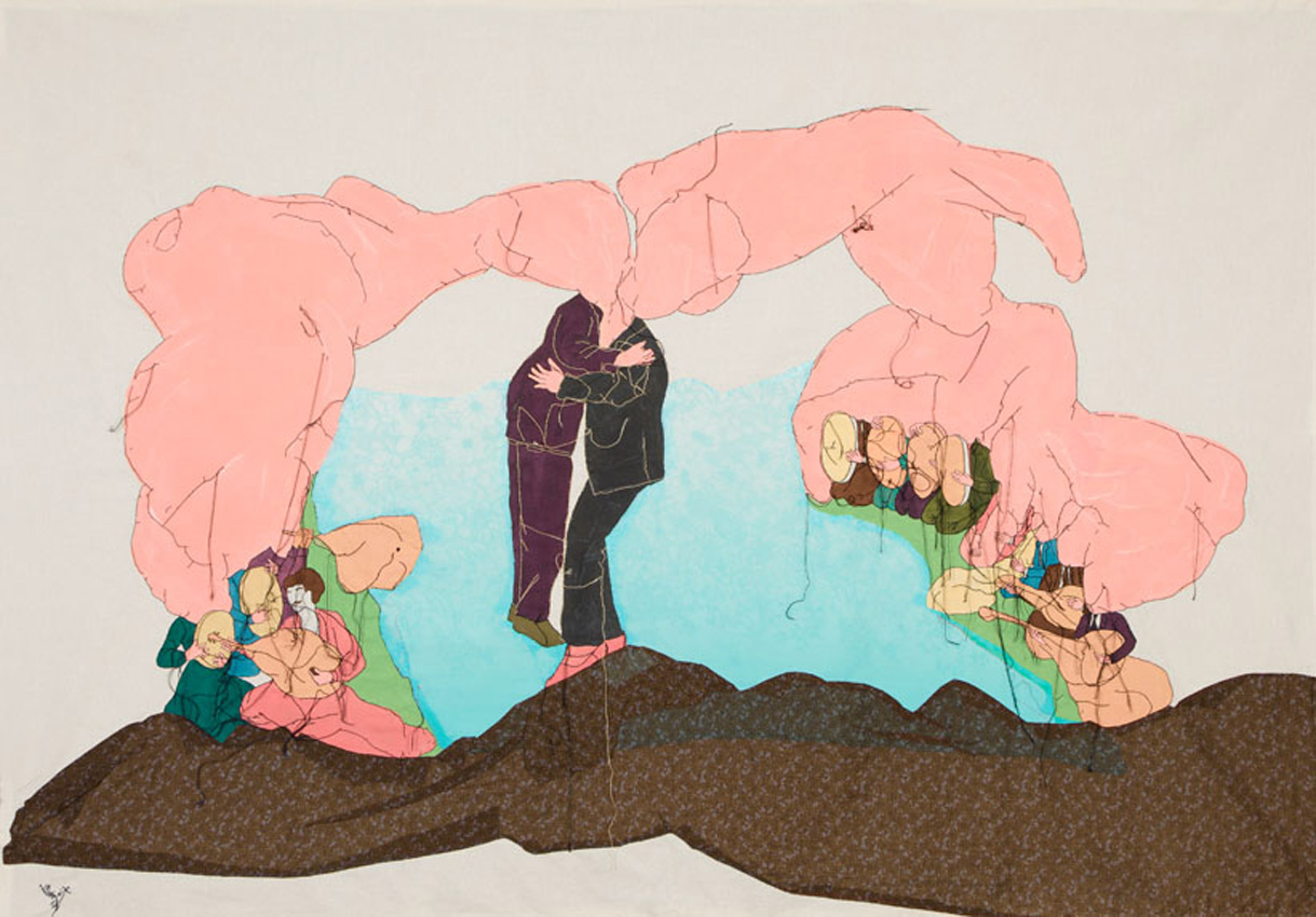  Diplomacy, 2014, embroidery and painting on fabric, 147 x 206 cm. 