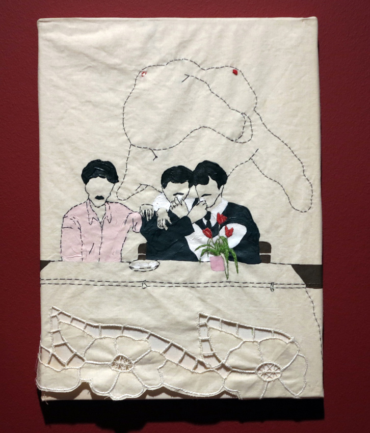  Boys Eat Turkish Delight, 2010, embroidery and painting on a curtain, 34 x 25 cm. 