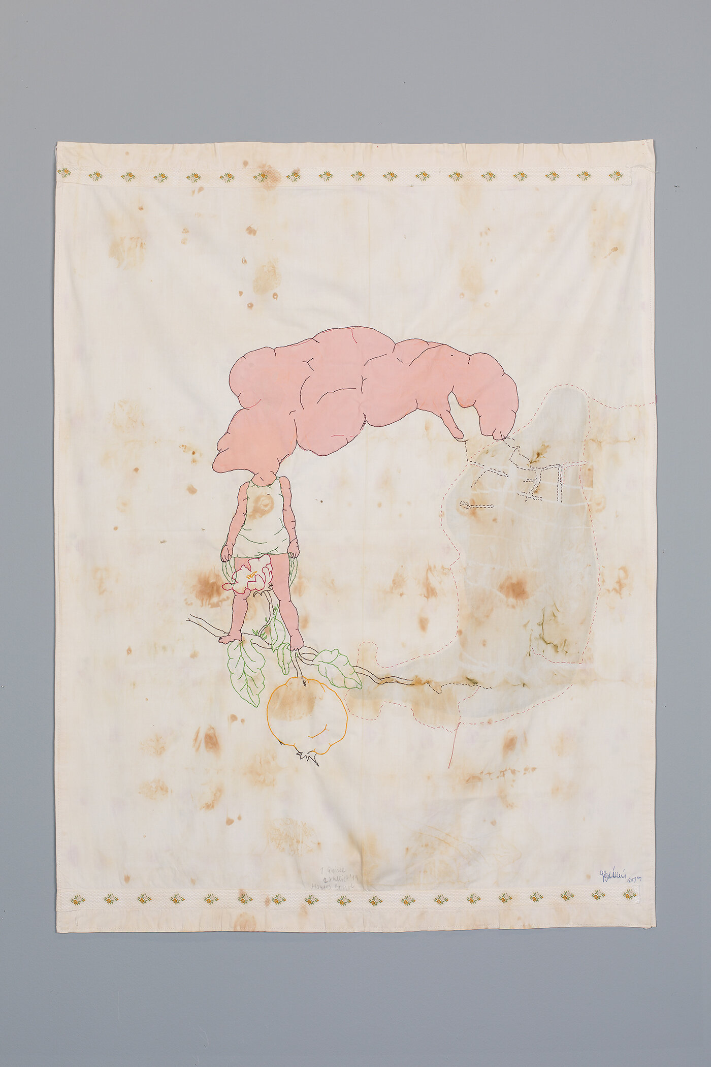  AYVA / COING (Cydonia oblonga), 2019, Stitching and painting on pillowcase dyed with plant extract &amp; patchwork with bed sheet, 107 x 83 cm 