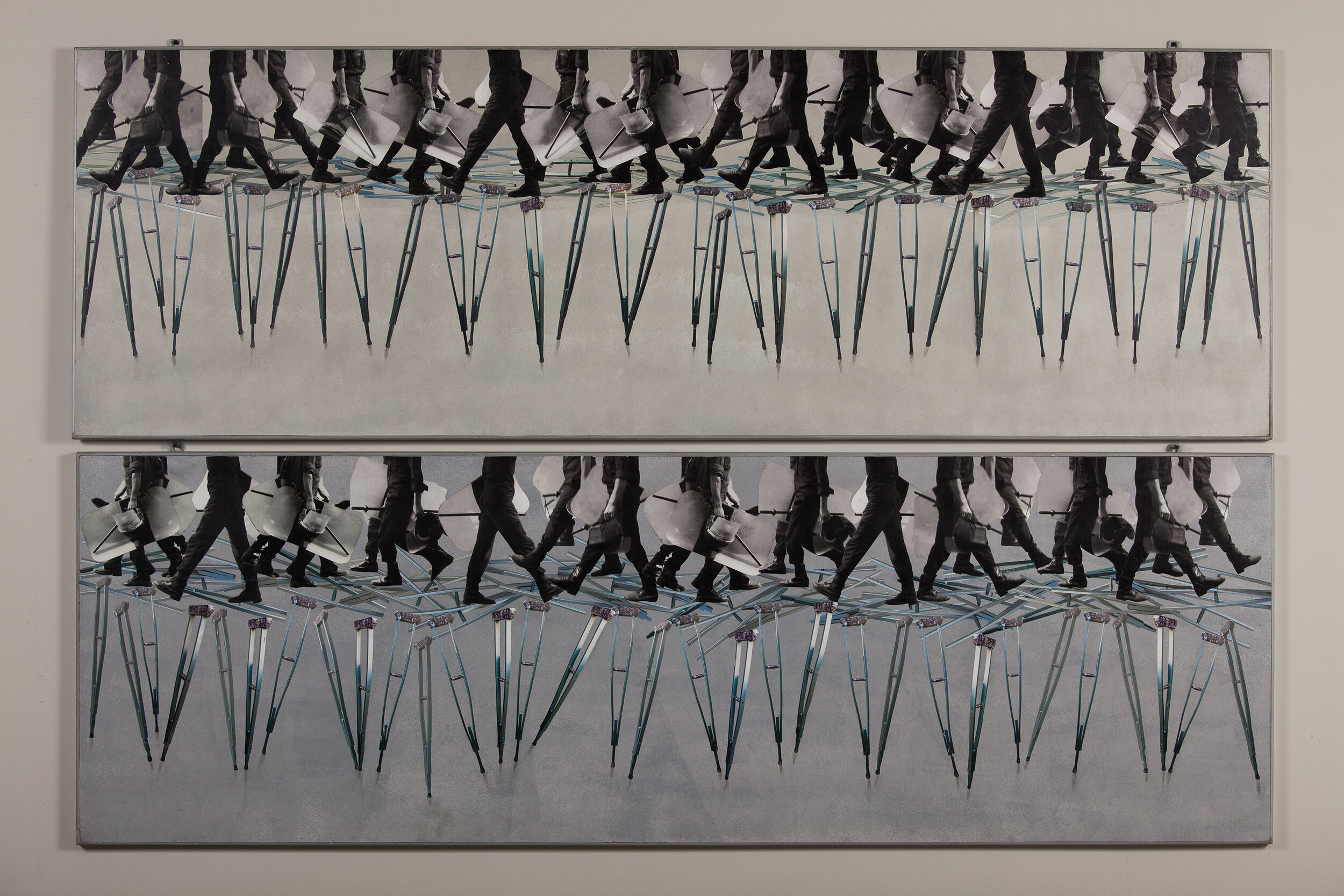  Marching on Crutches, 2013 - 2014, photo collage, acrylic paint, wood, 200 x 42 x 5 cm (each) 