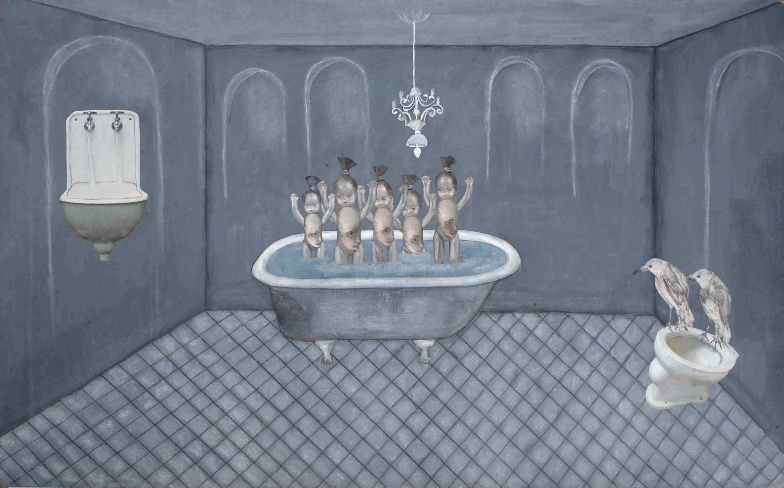  Bathtub, 2018, mixed media painting, 80 x 50 cm 