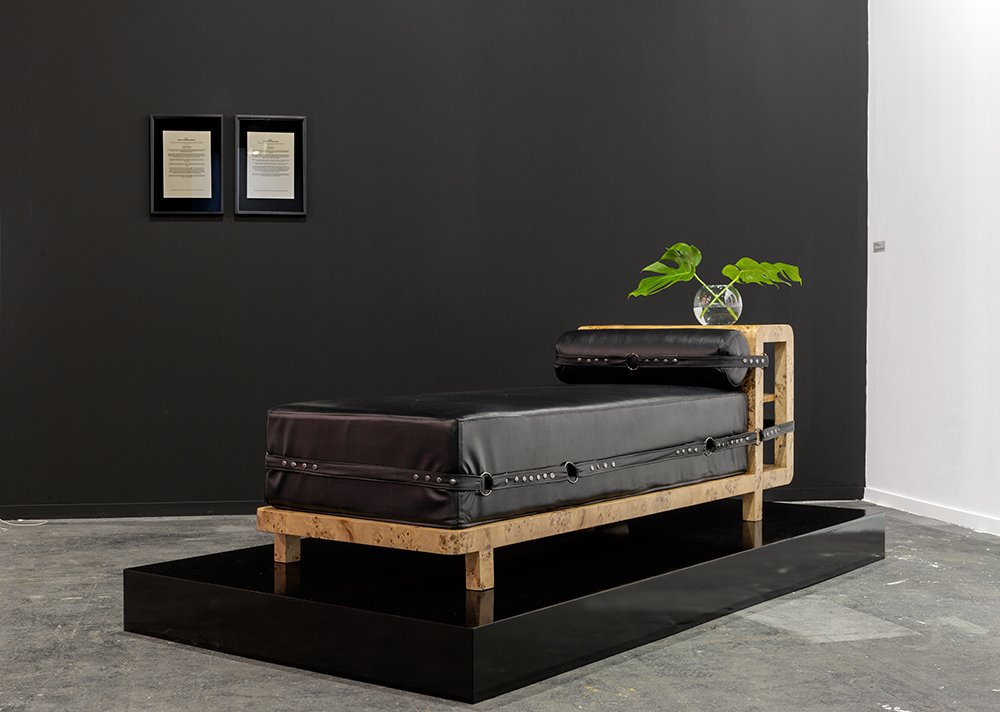  Daybed, 2019. Natural leather, plywood, wood veneer, wall paint, text, high-density sponge, Monstera plant.  