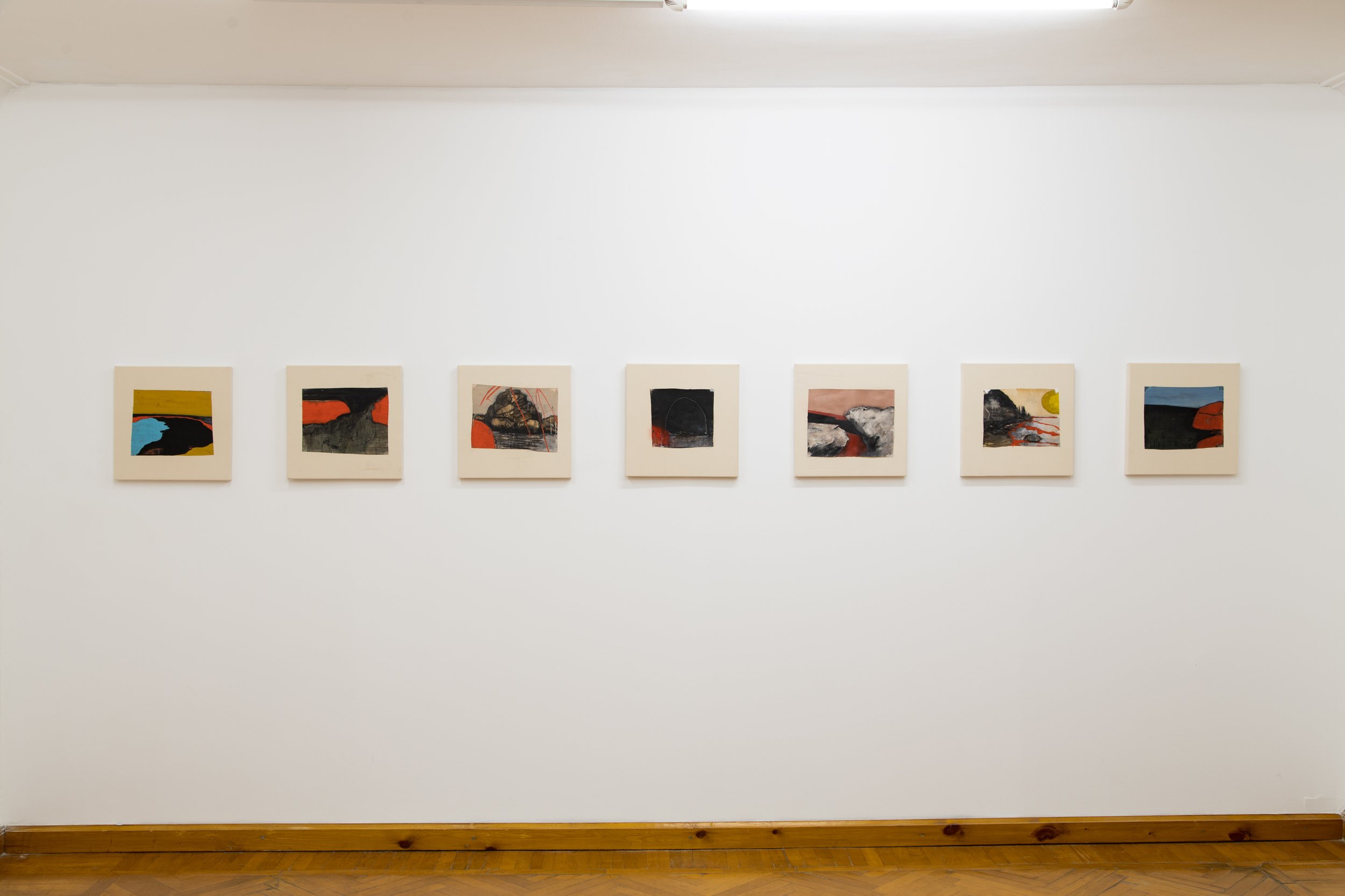  Installation view - The Cheating Hand of Randomness (2021). Ten small-scale acrylic on canvas paintings. 25 x 21 cm each  (41 x 41 cm with frame).    