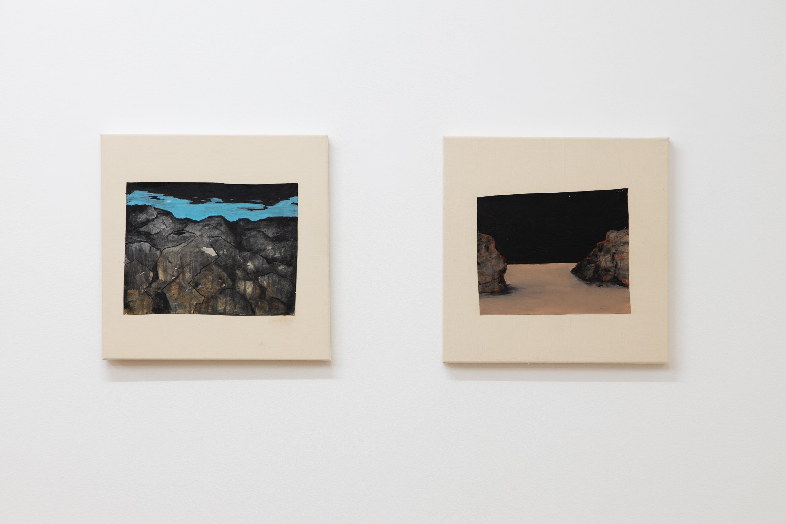  Installation view - The Cheating Hand of Randomness (2021). Two small-scale acrylic on canvas paintings. 25 x 21 cm each  (41 x 41 cm with frame).  