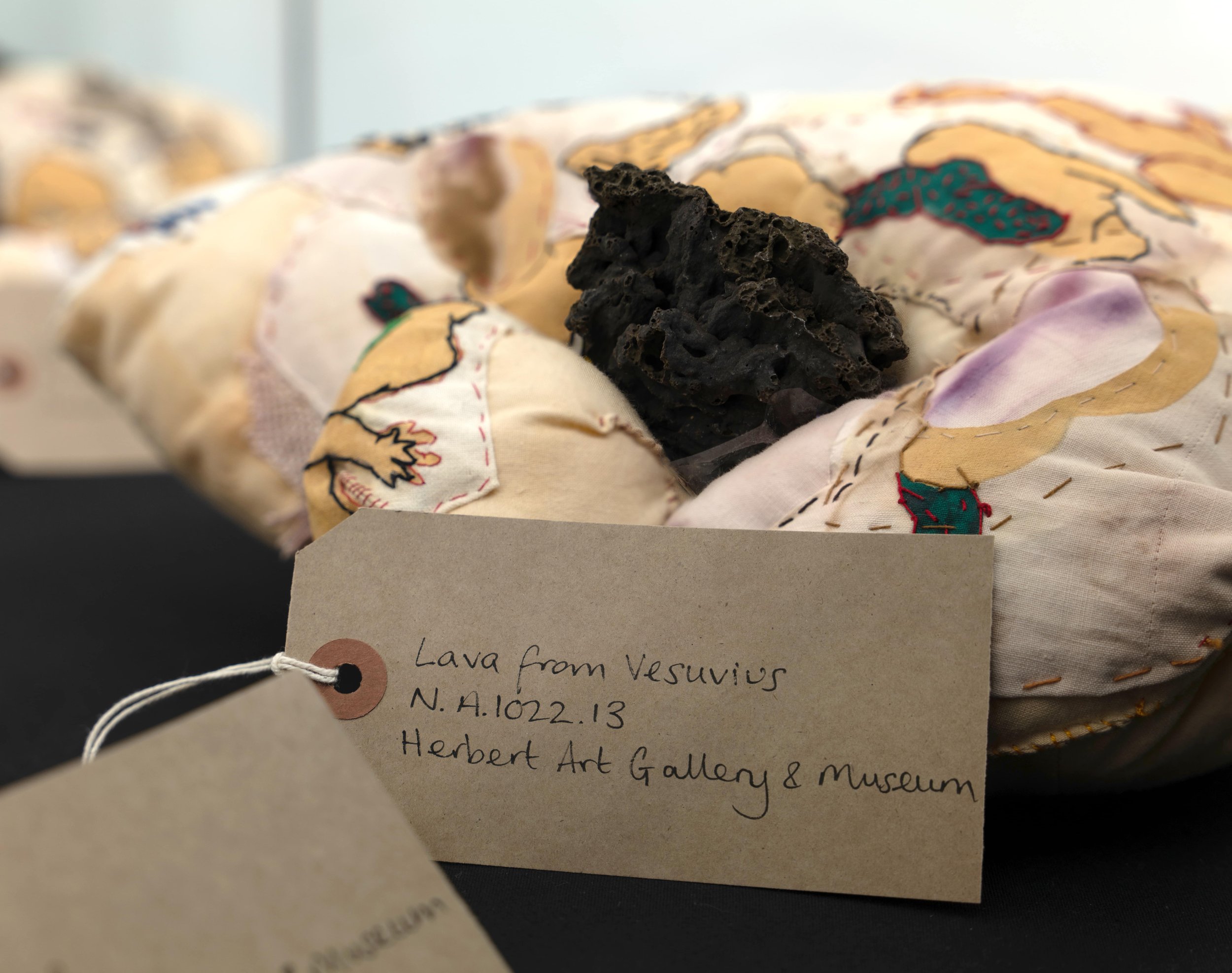 The Mouth of The Ground, 2021. Textile painting and embroidery on naturally dyed fabrics; patchwork on Fiber-filled fabric.   Courtesy by Invisible Dust, 2021. Photo credit by Jaron James and Garry Jones. The Mouth of the Ground was commissioned and