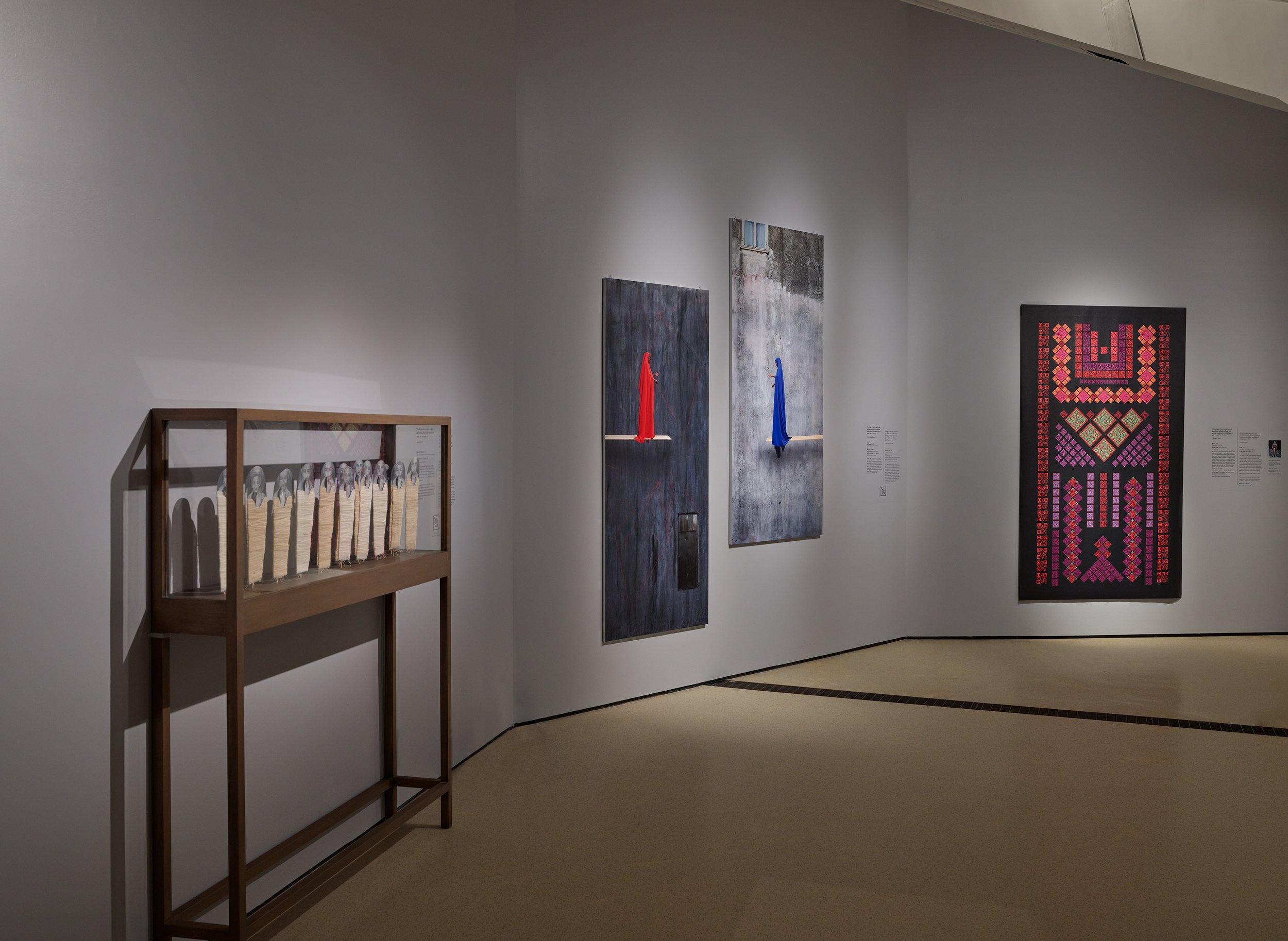  Installation view - Being and Belonging: Contemporary Women Artists from the Islamic World and Beyond on display at the Royal Ontario Museum, 2023.   Photo: Paul Eekhoff Courtesy of ROM (Royal Ontario Museum), Toronto, Canada. ©ROM 