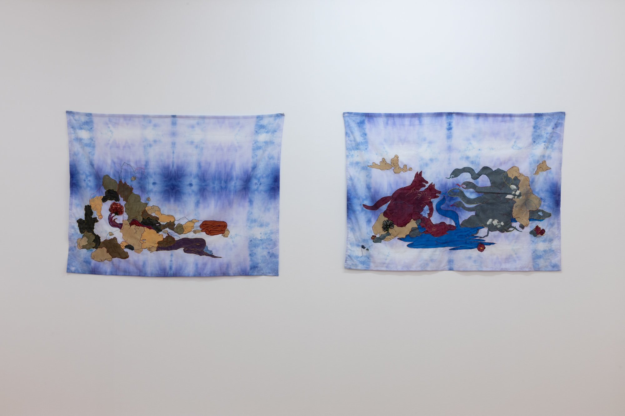  Installation view - The Eye of the Earth, 2022.  Deaf Cave, 2022, Painting and stitching on dyed fabric, 96 x 125 cm.   Unkept Secrets, 2022, Painting and stitching on dyed fabric, 94 x 130 cm.  