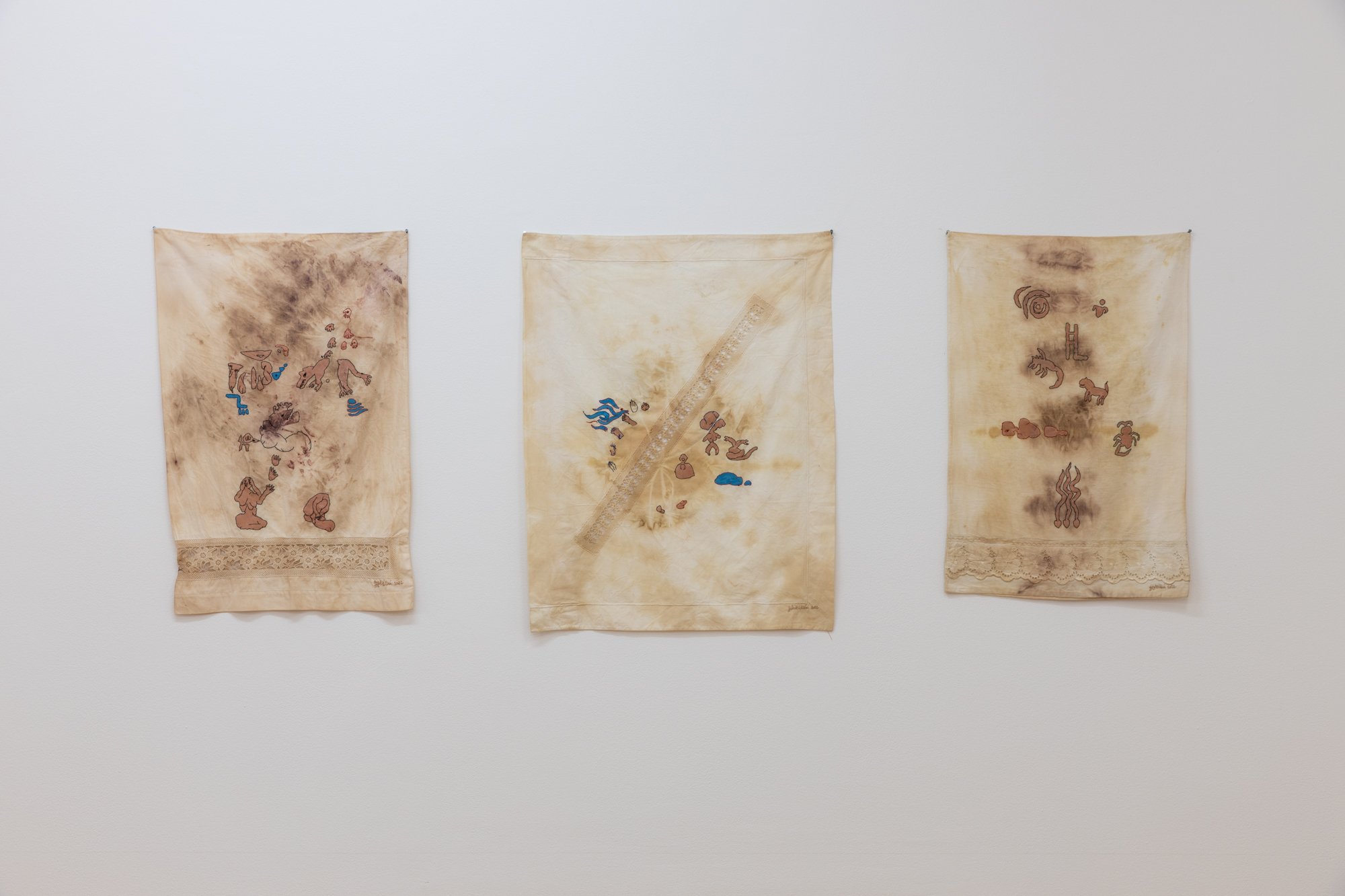  Quiet Abrasion, 2022, Five pieces of pillowcase stitching and painting on natural dyed pillowcases, 67 x 45 cm.  