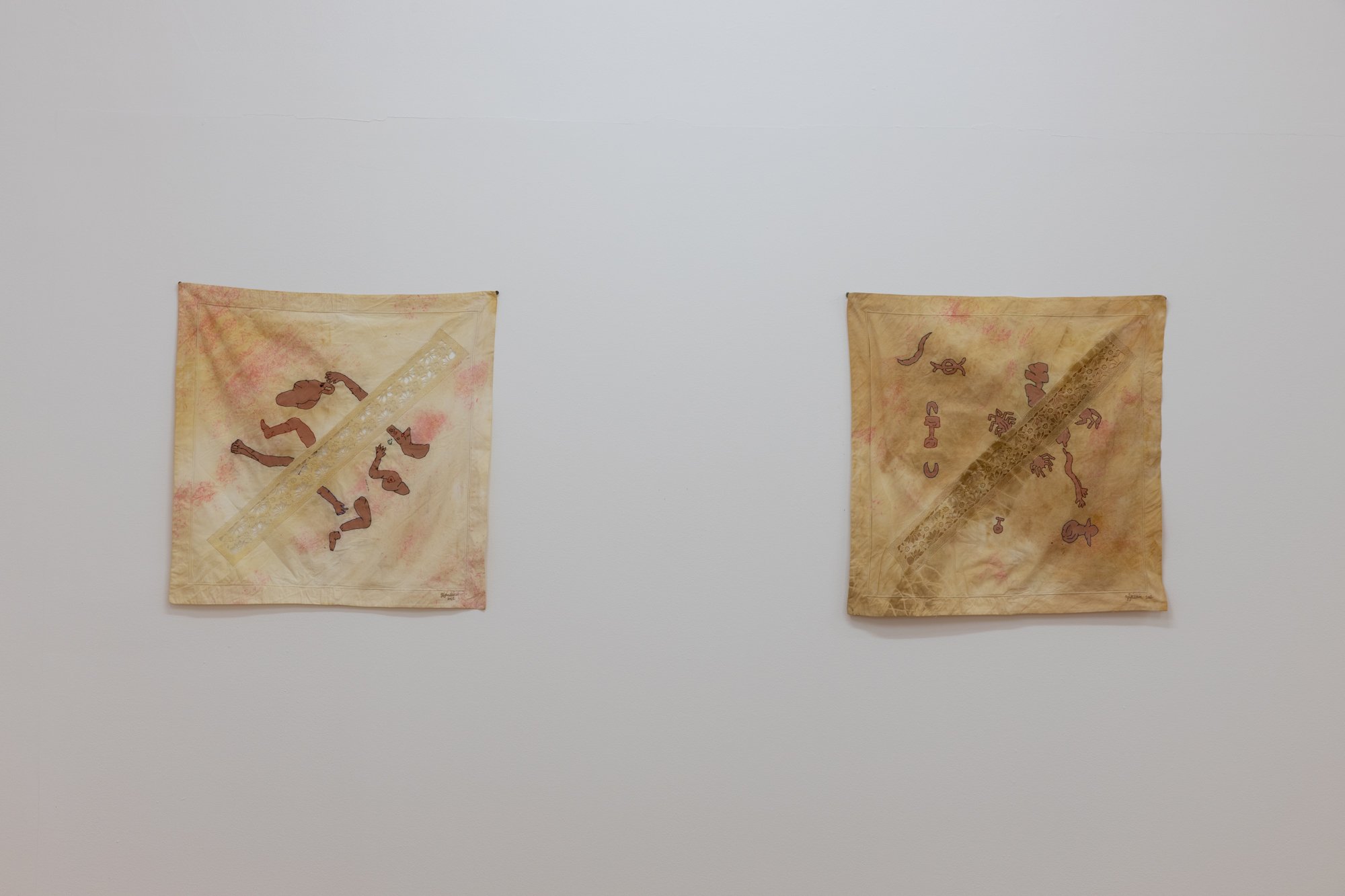  Quiet Abrasion, 2022, Five pieces of pillowcase stitching and painting on natural dyed pillowcases, 57 x 57cm.  