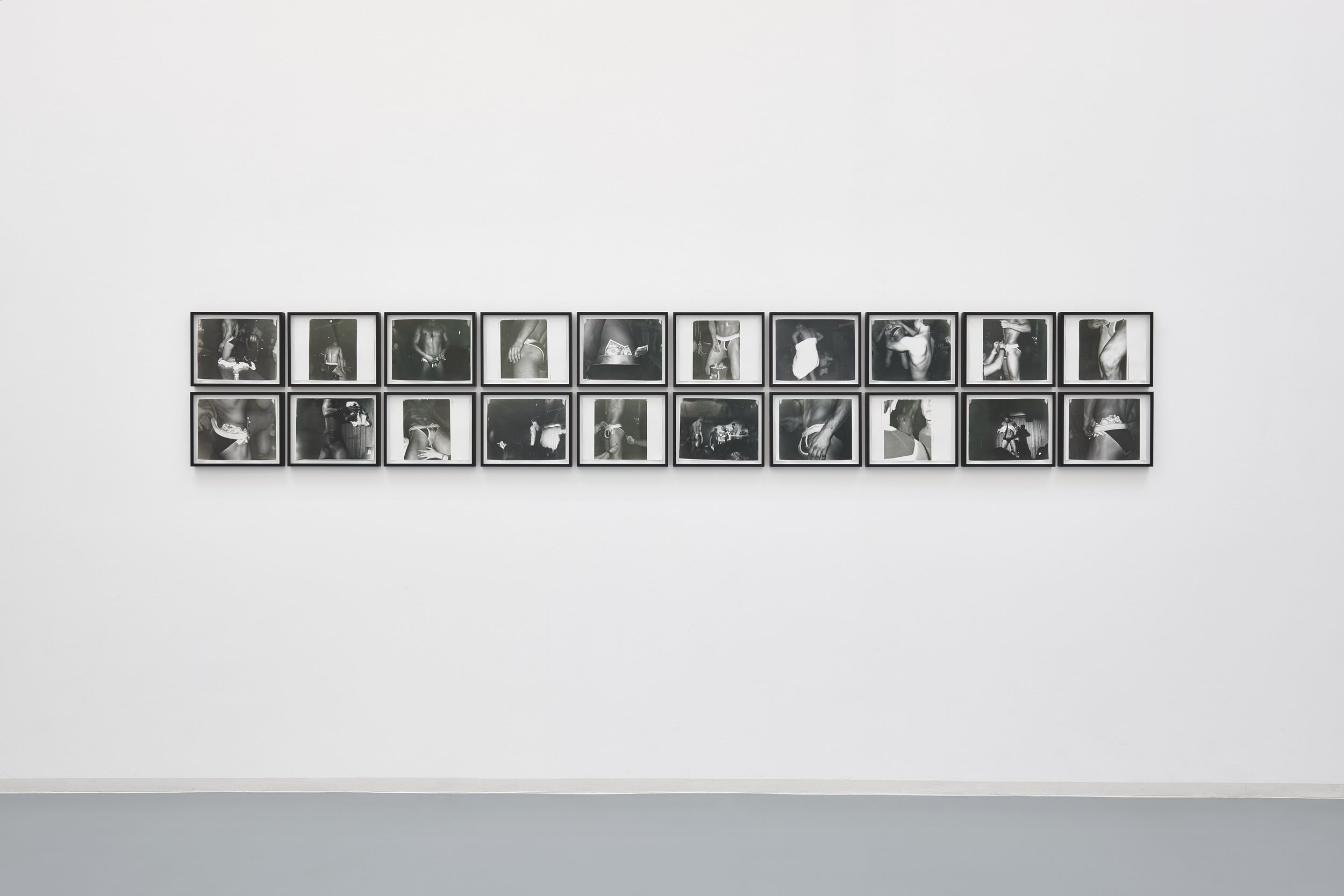  Splashed Memory of a Night Out, a series of 20 digital images transformed into Black and White photographs developed in a dark room, 24 X 30cm each,  2010 - 2018.   Installation shot from Bonner Kunstverein.  