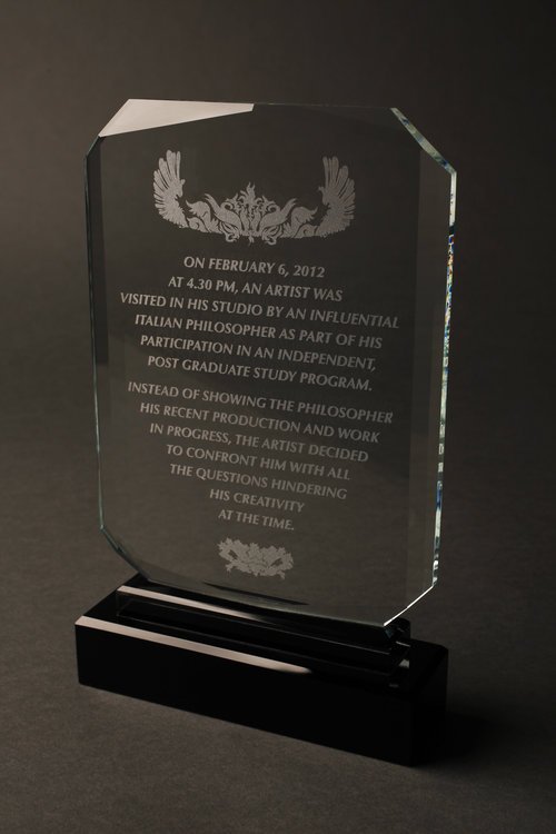  A Memorial to Failure, 2013, Engraved crystal plaque.  