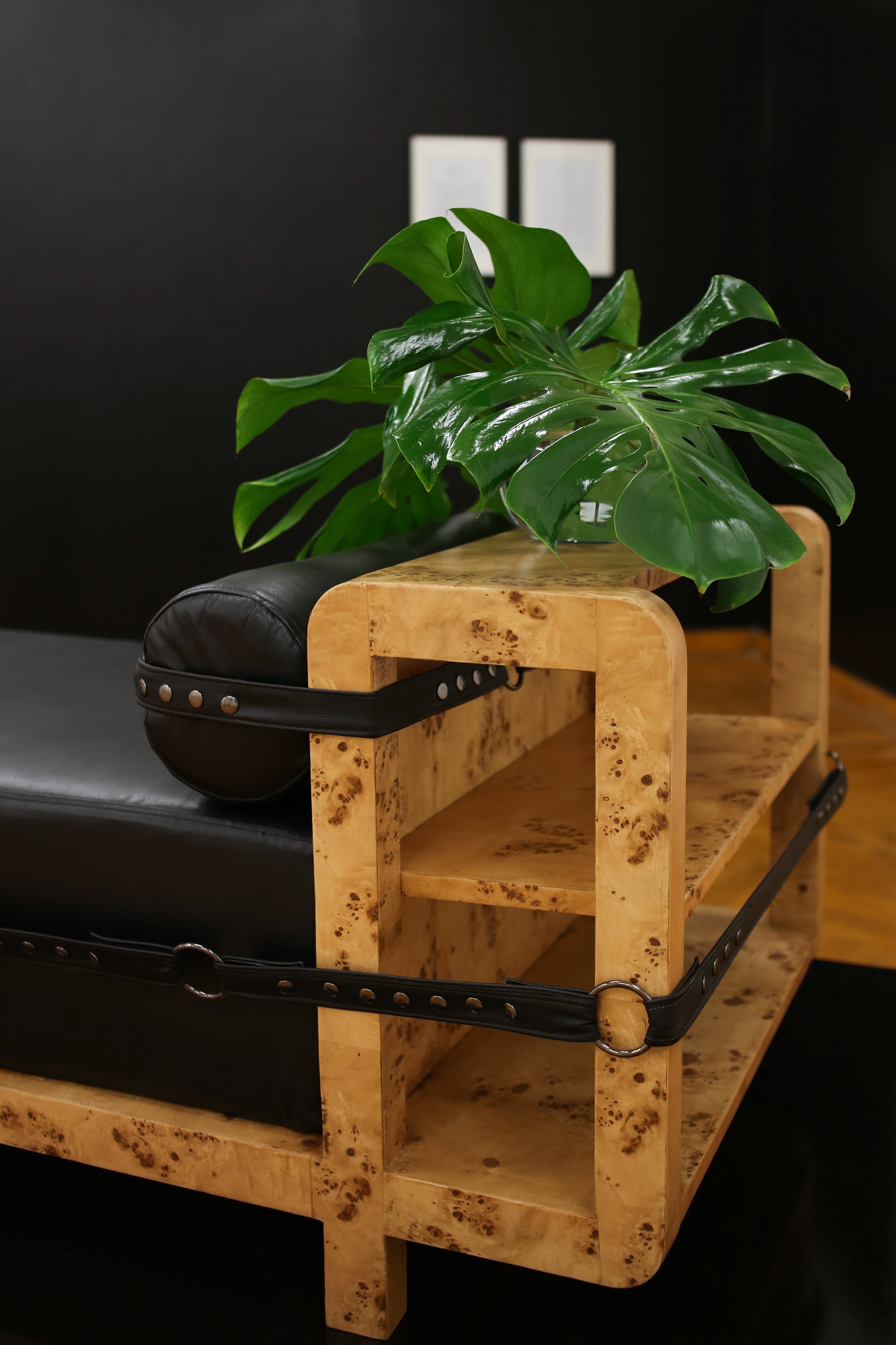  Fig. 1 Daybed  (The Owner Series), 2019, Natural leather, wood, wood veneer, wall paint, text, high density sponge, Monstera plant.  