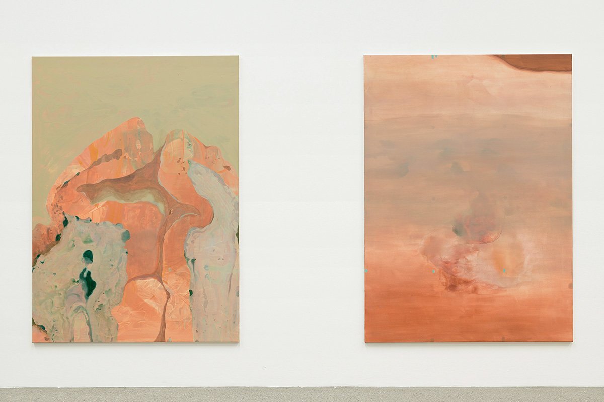 Left side: Small intestine, 2023, and right side: Mitra, bonds, 2023,, both acrylic on cotton, 180 cm x 130 cm.