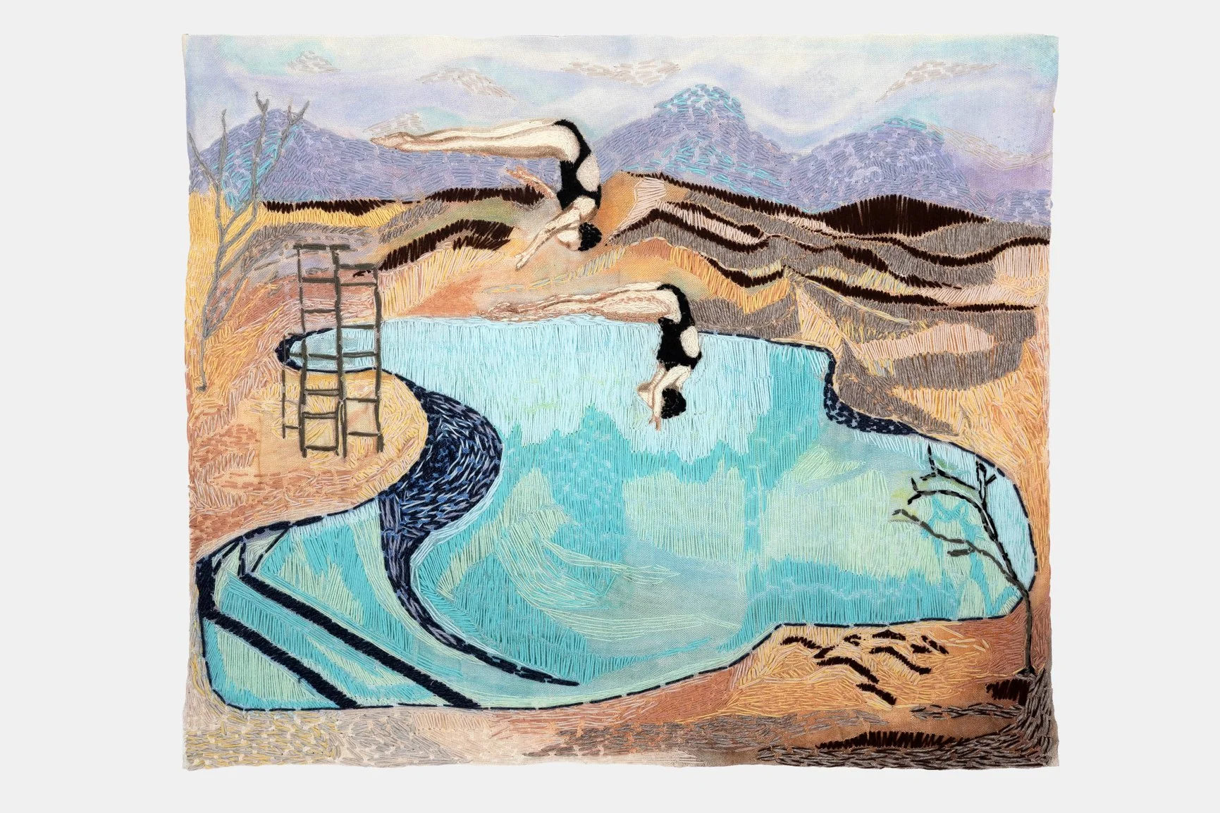 Alexandrian Desert Dreams , 2025, hand-embroidery and soft pastels on monk's cloth, 122 x 141 cm