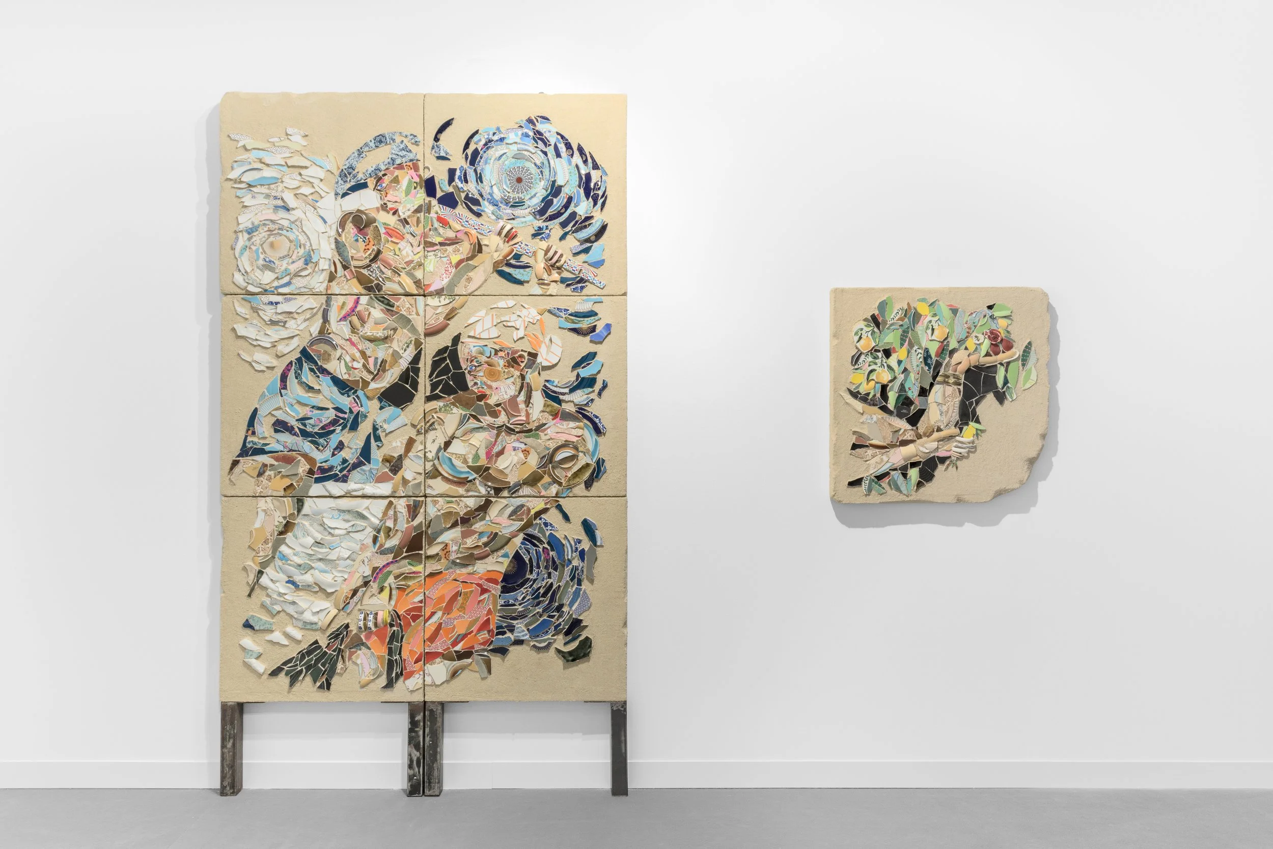 Installation view from Frieze London 2025  Featuring  Fishermen, Port of Alexandria , 2025, porcelain on Marmox board, wood, and binding, 225 x 150 cm and  Farmer, Port of Alexandria , 2025, porcelain on Marmox board, wood, and binding, 80 x 80 cm