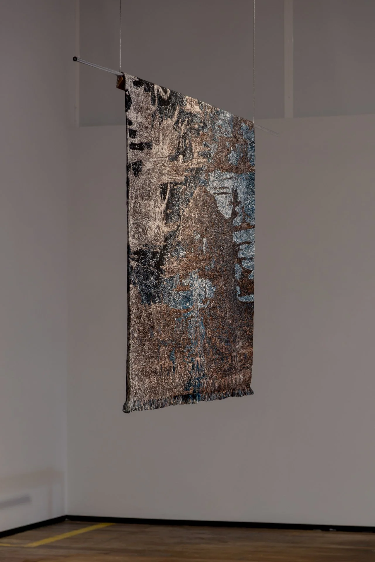  Installation view from  As Stones on Their Palms, Embers and Flame  group show at La Fabra Centre d’Art Contemporani, Barcelona   Resilience between Stone and Water , 2024, Jacquard-woven tapestry crafted from wool, cotton, and lurex, 150 x 200 cm 