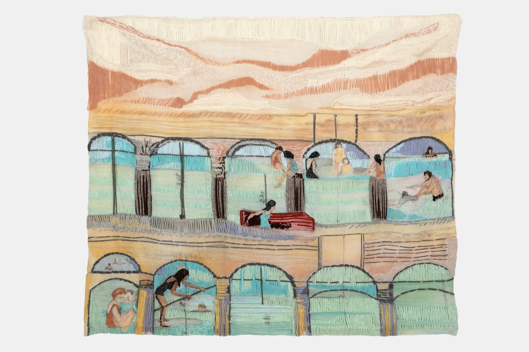   Alexandrian Desert Dreams , 2025, hand-embroidery and soft pastels on monk's cloth, 122 x 141 cm 