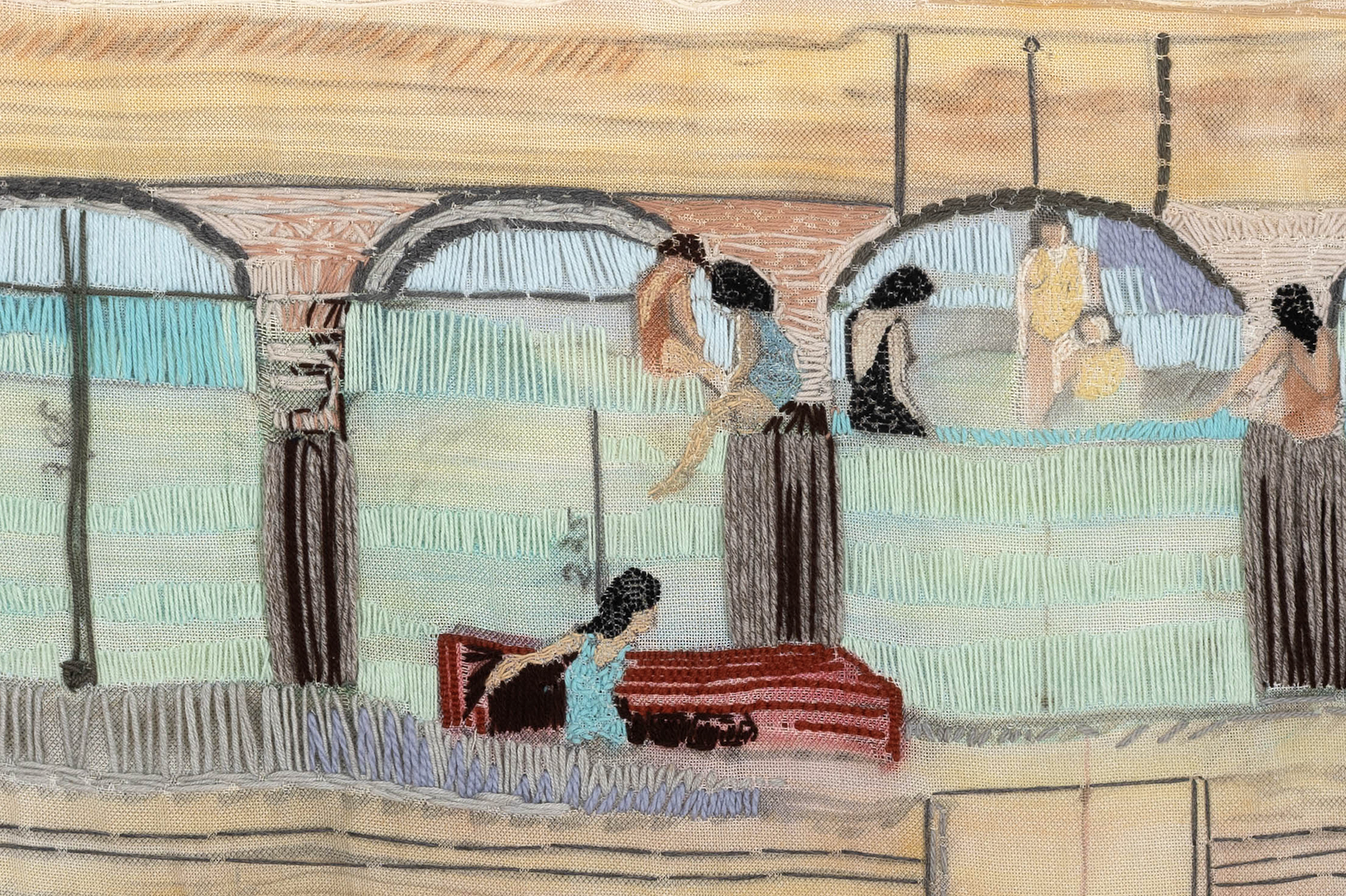   Alexandrian Desert Dreams  (detail), 2025, hand-embroidery and soft pastels on monk's cloth, 122 x 141 cm 