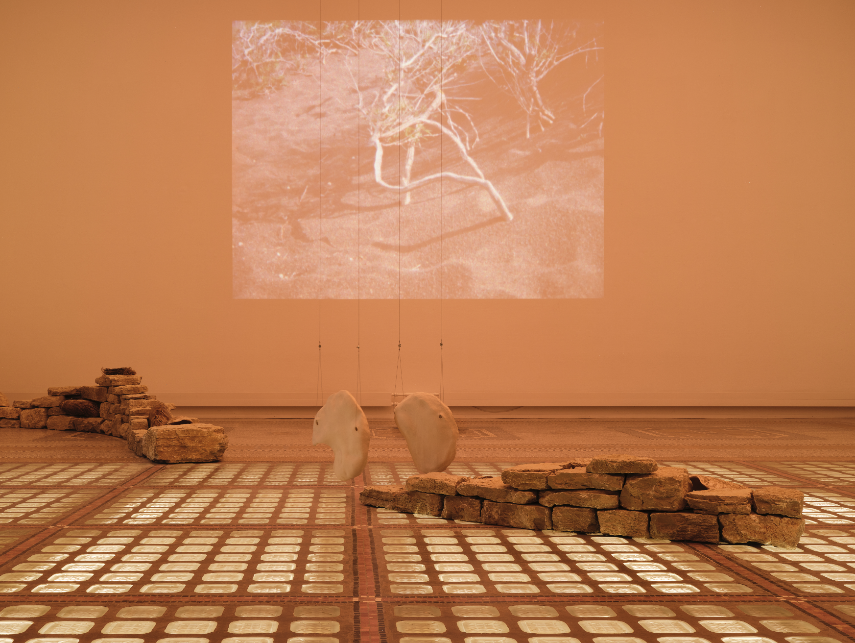  Installation view from  Aphe  (2025) a solo show at Musée de beaux-arts La Chaux-de-Fonds   Petals Fangs Carapaces  (2025), Stoneware, various sizes, glazed with ash, clay and sediments collected in the Jura   Installation with jurassic limestone fr