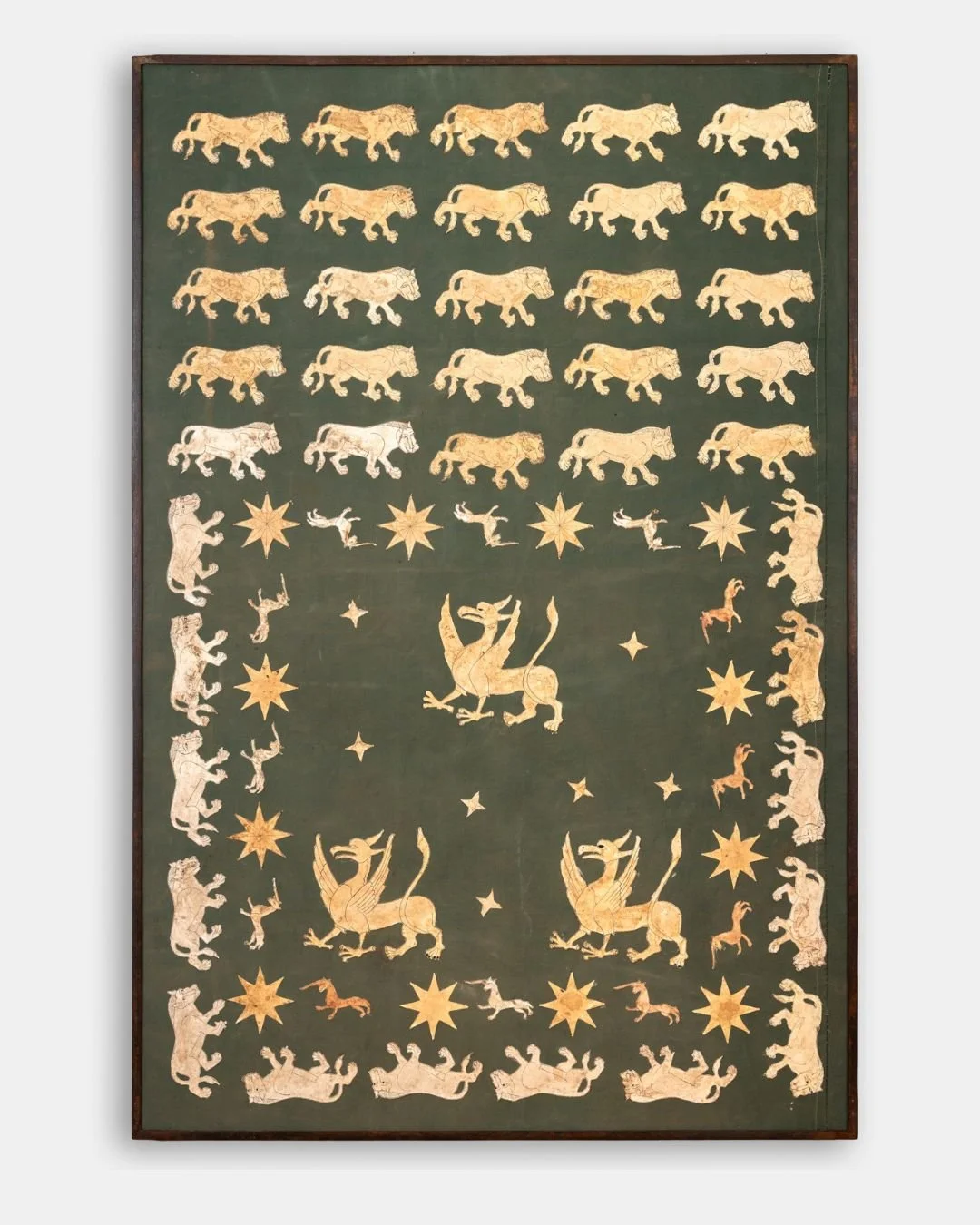   I, Pet Lion (Tanks Arena) , 2025, khayamiya on found fabric, 180 x 125 cm 