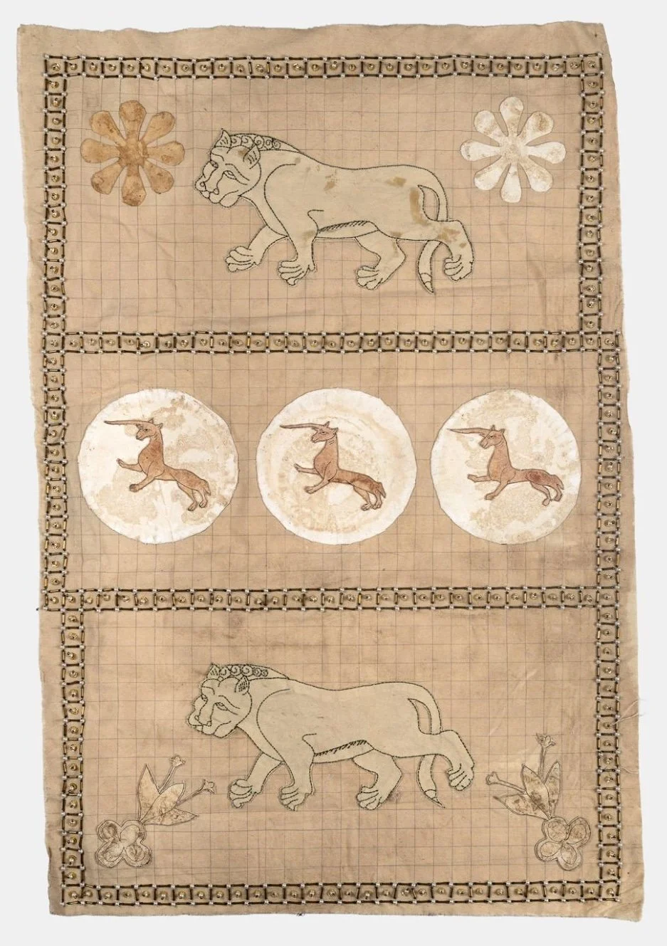   I, Pet Lion (The Royal Crown) , 2025, khayamiya and embroidery on found fabric, 83 x 55 cm 