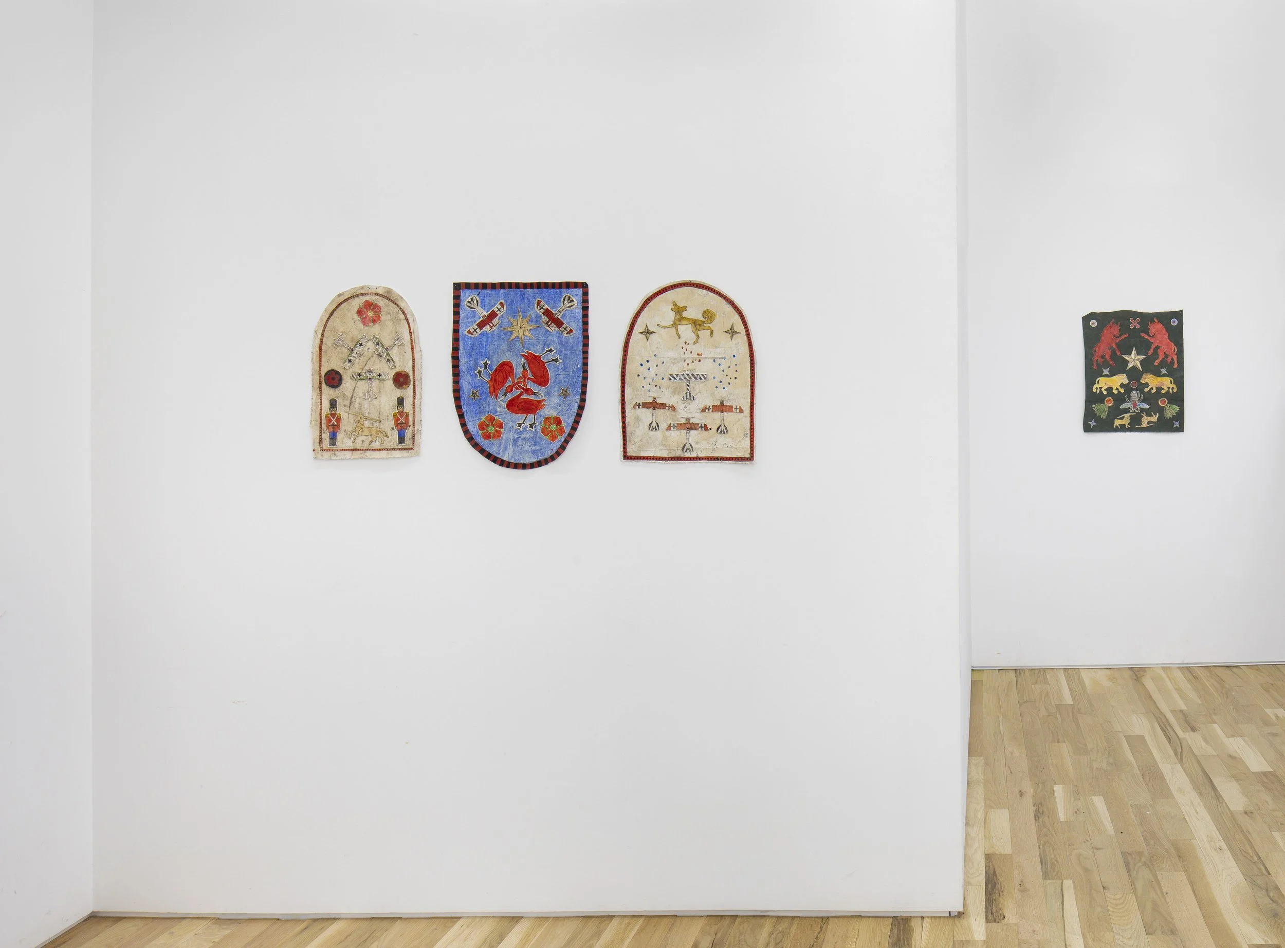  Installation view from  The Bestiary , a group show at Sargent’s Daughters, NYC (2026)   I, Pet Lion (Galaxy Attack) , 2024, acrylic and ink on found fabric, 42 x 32 cm    I, Pet Lion (The Royal Crown) , 2025, acrylic and ink on found fabric, 62 x 5