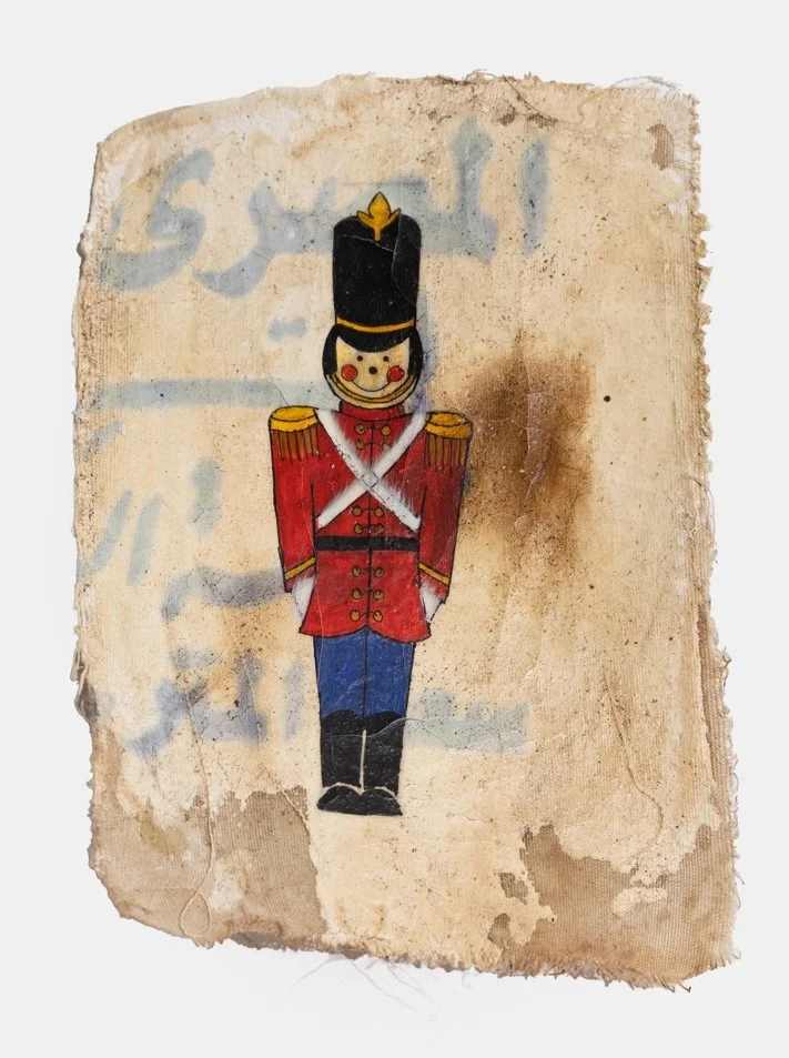   I, Pet Lion (Toy Soldiers) , 2014-2018, acrylic and ink on found fabric, 20 × 15 cm 