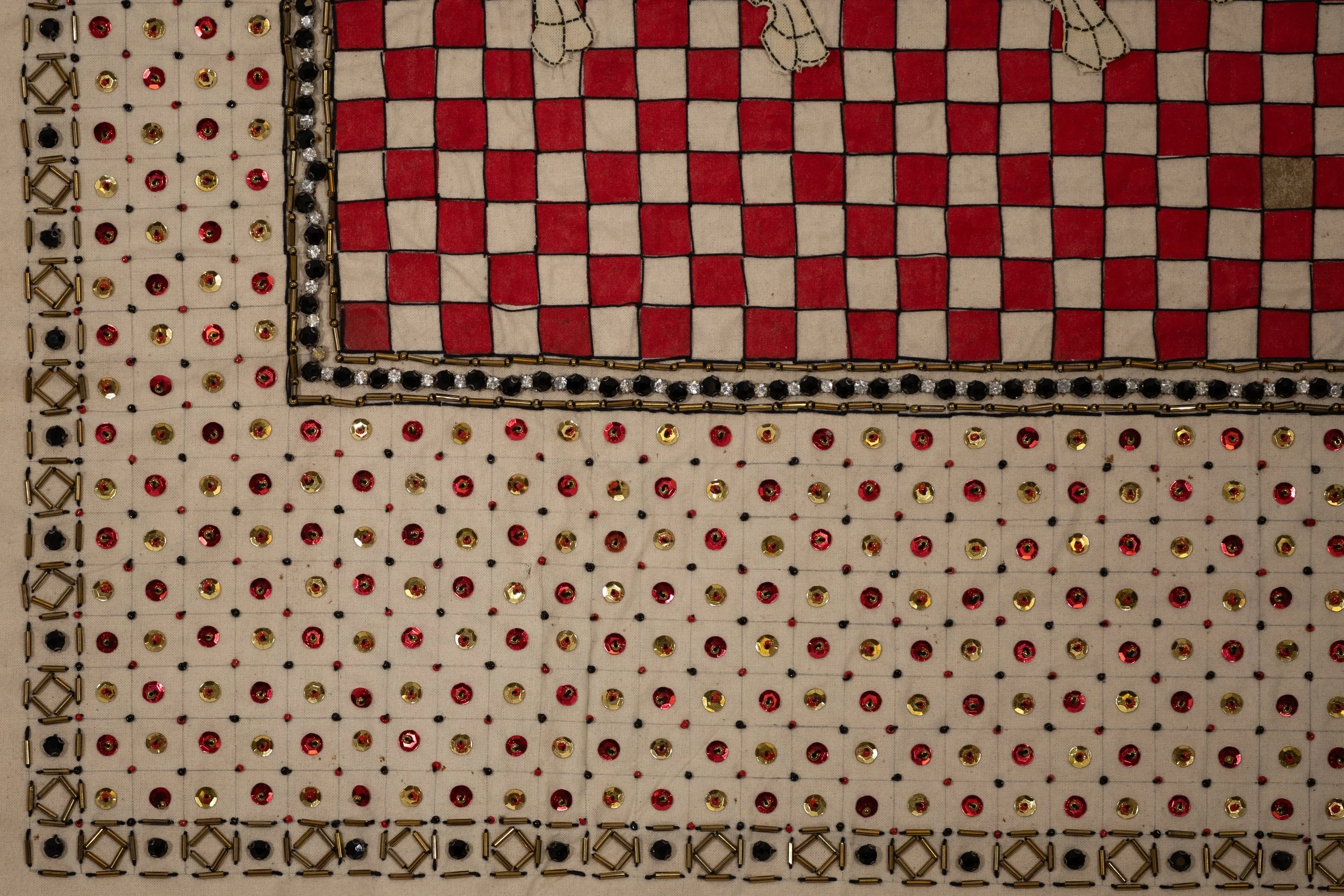   I, Pet Lion (The Royal Crown)  (detail), 2025, khayamiya and embroidery on found fabric, 70 x 55 cm 