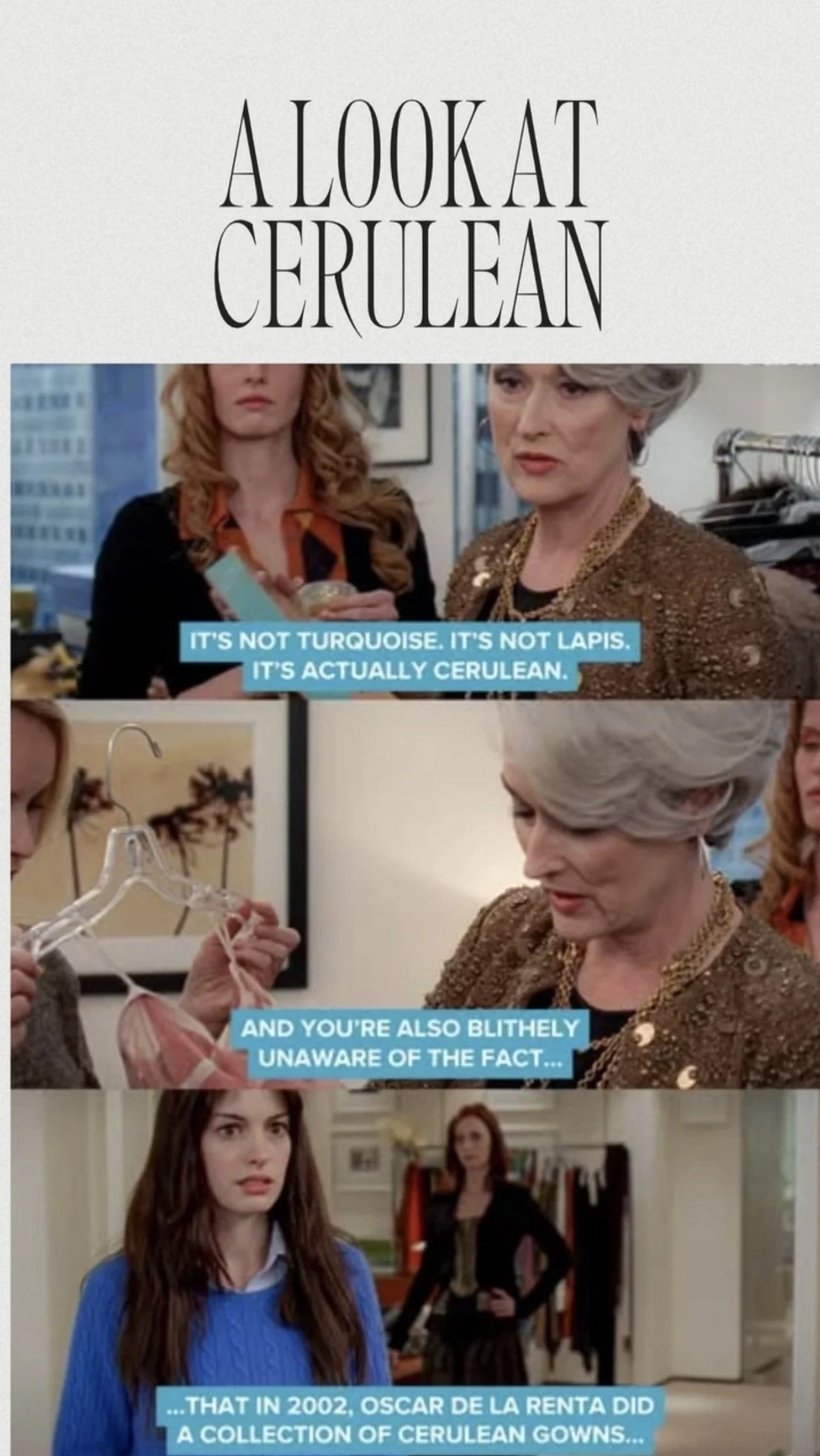Scene from a movie featuring women in a room discussing fashion. One woman is holding and examining a pink camisole/lingerie, with subtitles explaining the difference between turquoise and cerulean, and mentioning Oscar de la Renta's collection of ce