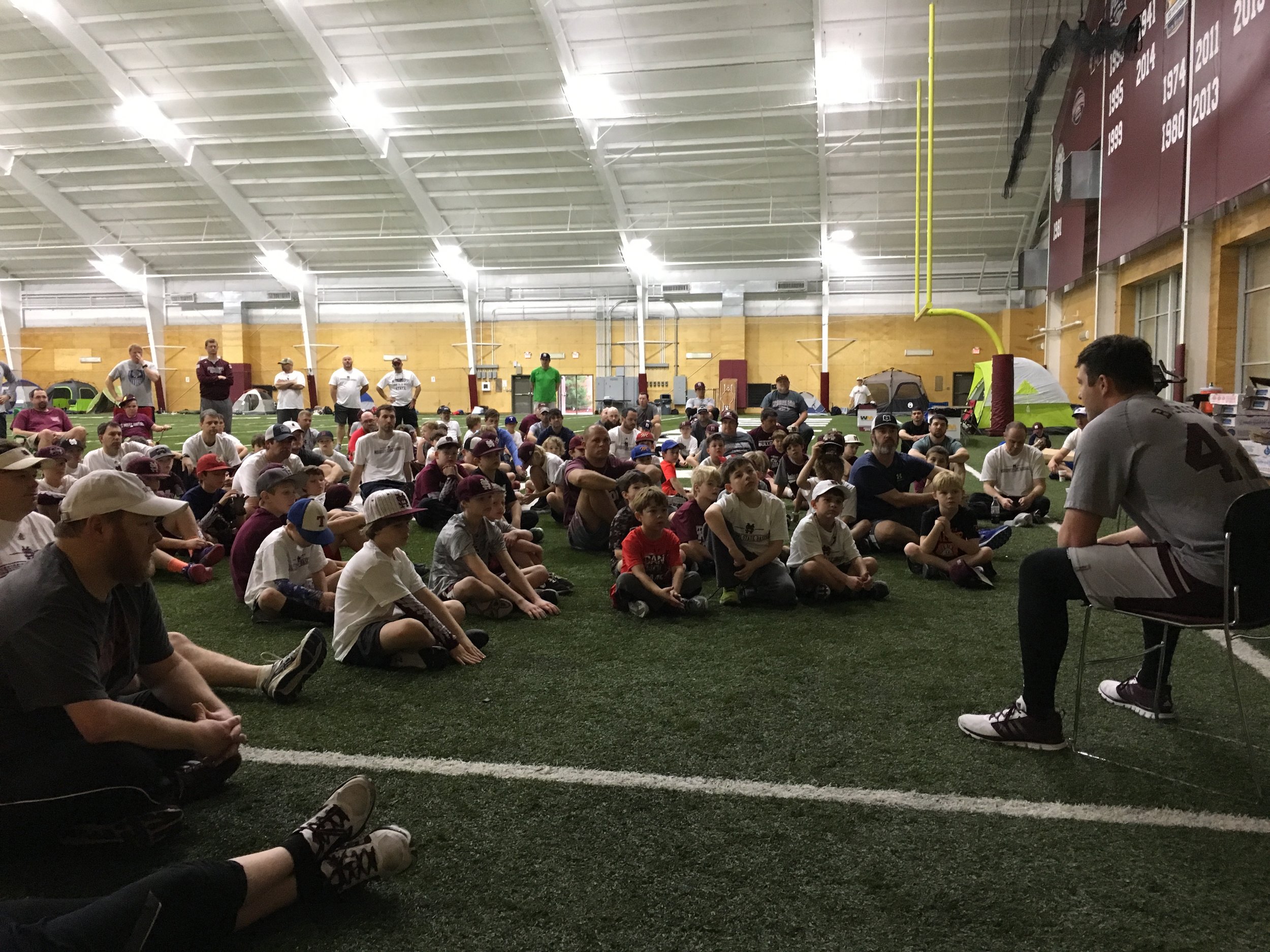 MSU pitcher Blake smith sharing his testimony at father-son baseball camp