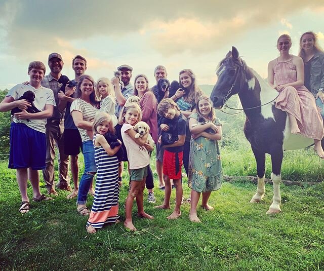 Thank you everyone for the birthday calls, messages, and post!  The highlight of the day was this pic with our family and the 7 discipleship residency students who moved to our farm on May 15, along with our 7 lab puppies, 2 kittens, and 1 horse...we