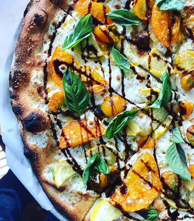 our new farm stand pizza is bonkers! we used local Lemek farms (only a mile away!). zucchini, squash , heirloom tomato and aged balsamic. #fresh #farmtotable #local #supportlocal #eatlocal #nofarmsnofood #za