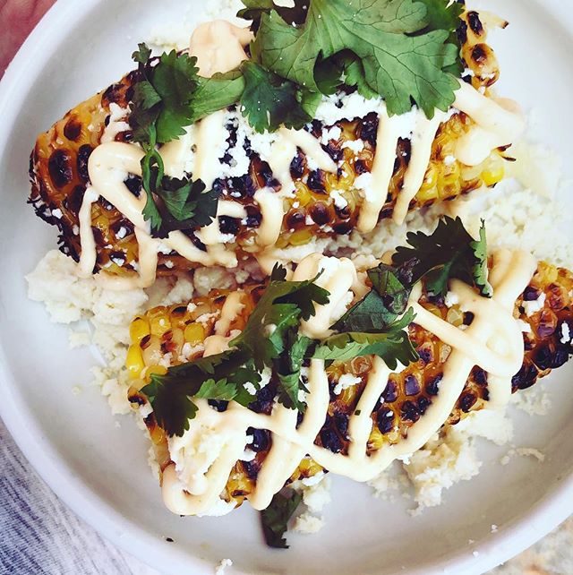 corn on the cob grilled with sriracha mayo, queso fresco, cilantro oil #corny #grilled #sriracha #gotcha