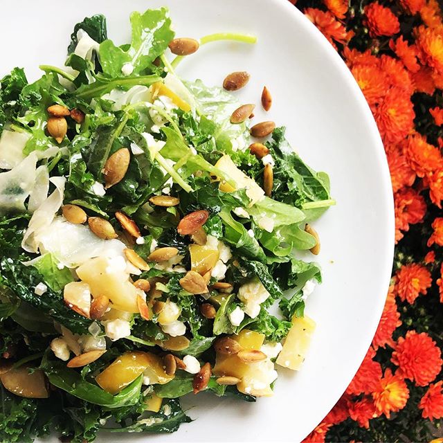 new autumn salad! fire roasted apples , cider vinaigrette , roasted pumpkin seeds , goat cheese , kale , arugula #salad #fall #autumn #getsome