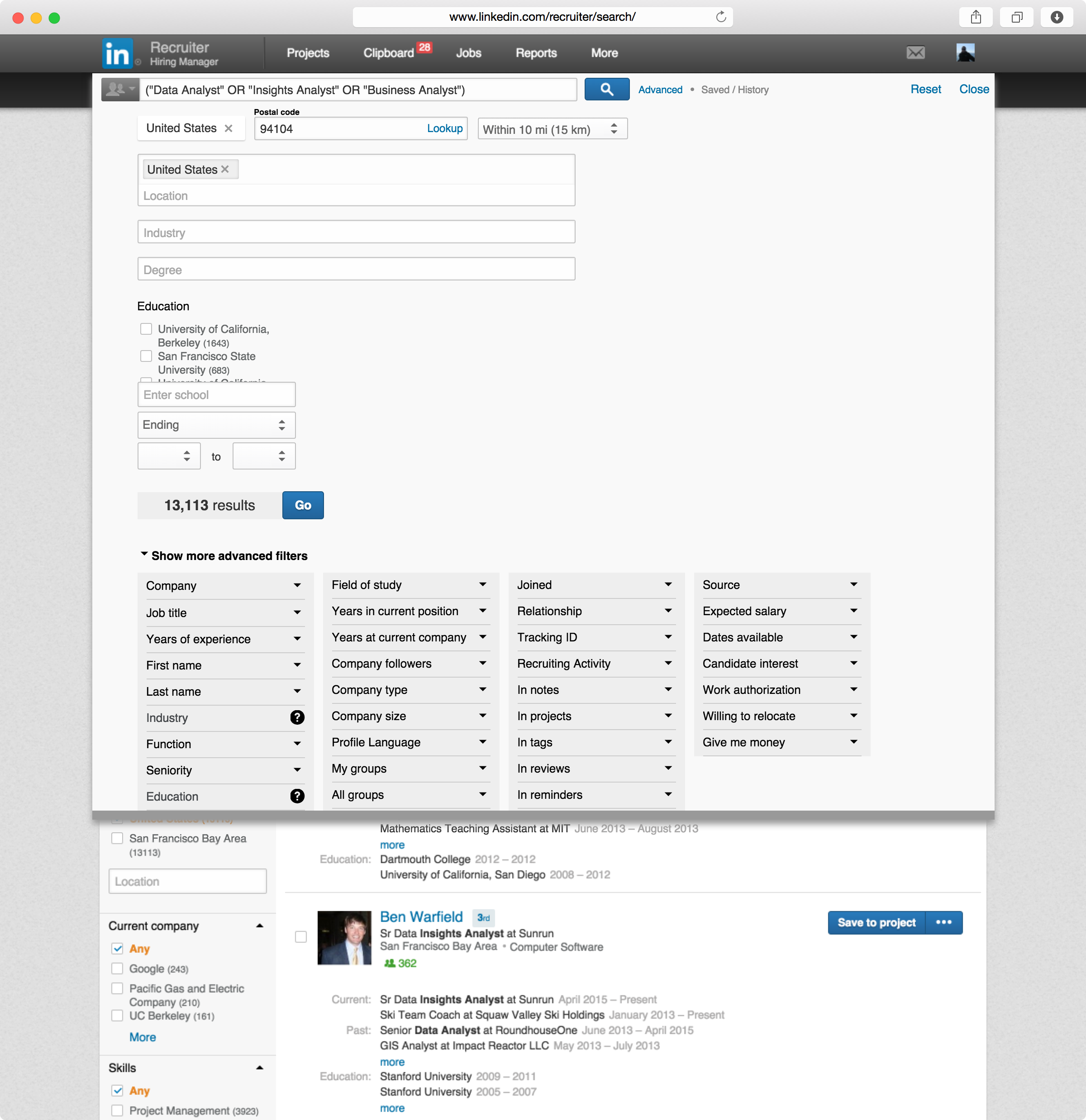 Advanced Search drop-down