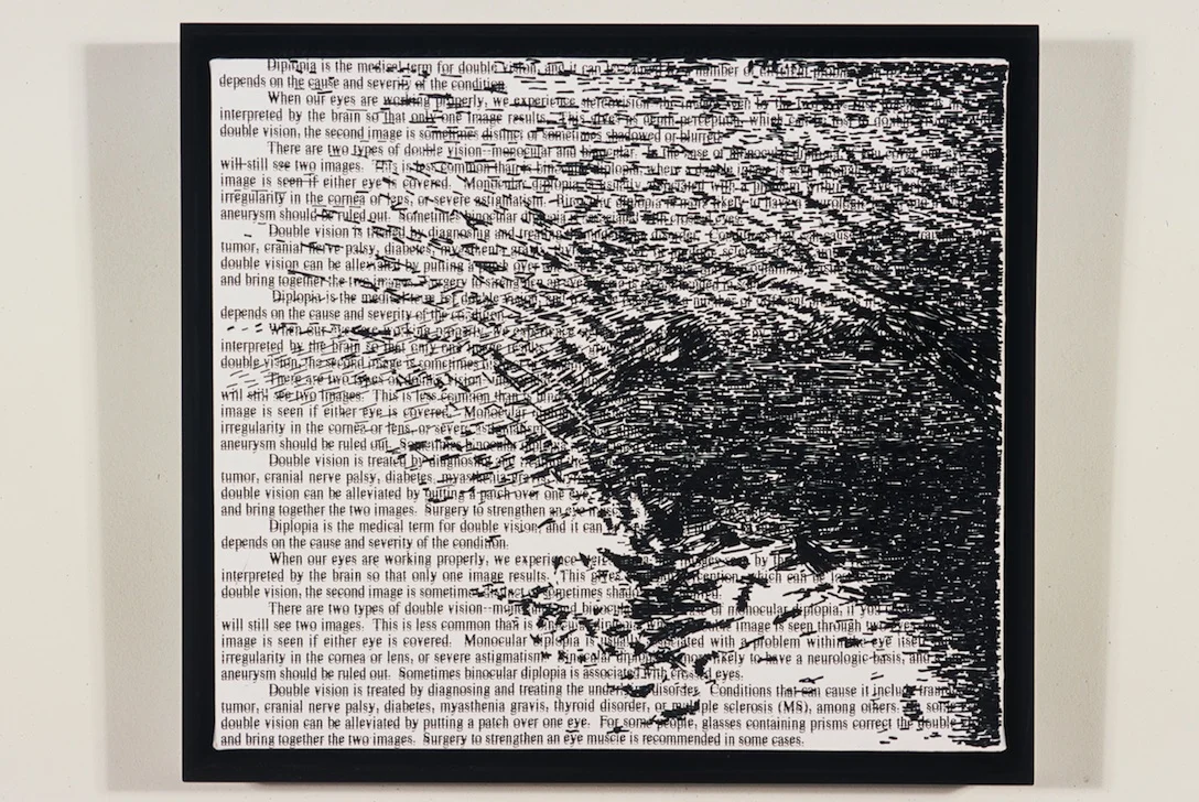 Sea/Saw (#305) , 15" X 17", detail, thread, printed text on linen.
