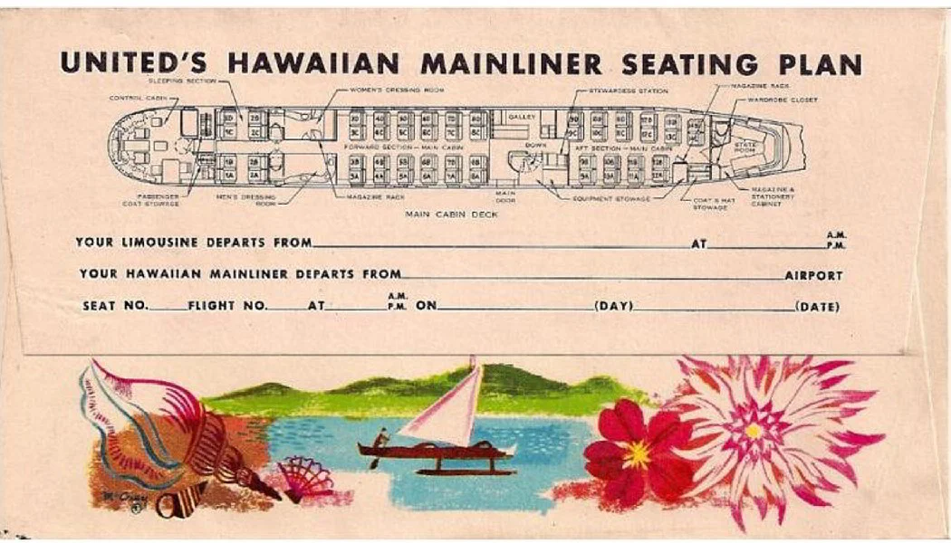 Ticket envelope and seating chart for United Mainliner Stratocruiser.