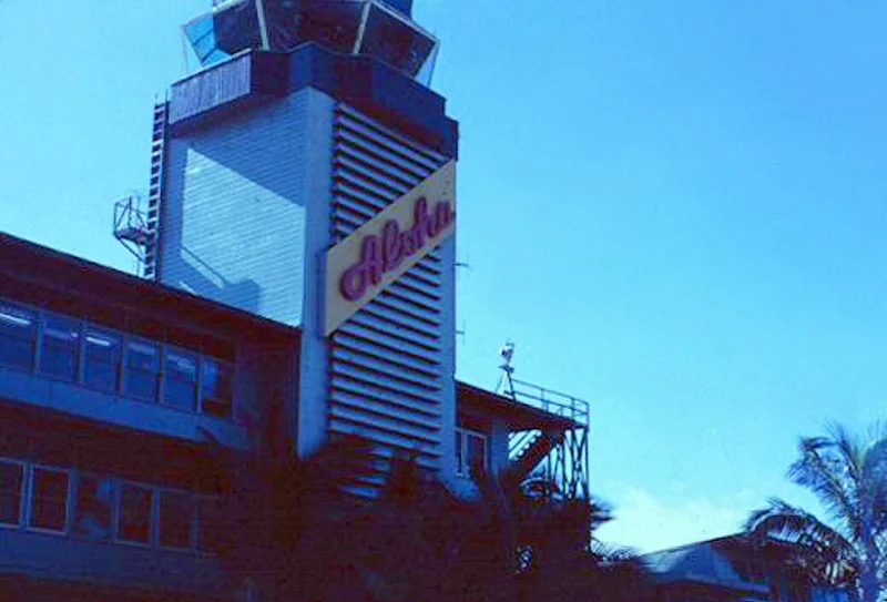 The old Overseas Terminal control tower, Honolulu Airport. January 27, 1951. Margo Duggan Collection, 1949-1954; Pacific Collection, University of Hawaii-Manoa Library (used with permission)