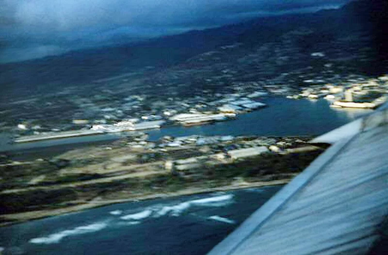 United Stratocruiser passes over Sand Island after take off from Runway 9 Honolulu Airport. Margo Duggan Collection, 1949-1954; Pacific Collection, University of Hawaii-Manoa Library (used with permission)