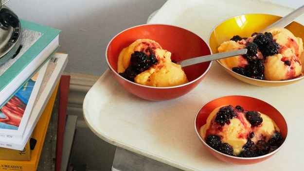 You could sneak a donut peach into this peach lassi sorbet .