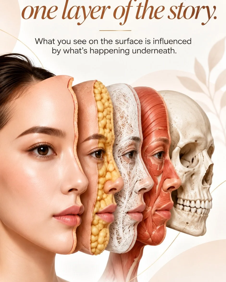 Your skin is only the surface of the story.
What you see in the mirror is influenced by more than skincare alone.
Skin quality, facial fat, connective tissue, muscle, and bone structure all play a role in how your face looks as you age.
That is why I