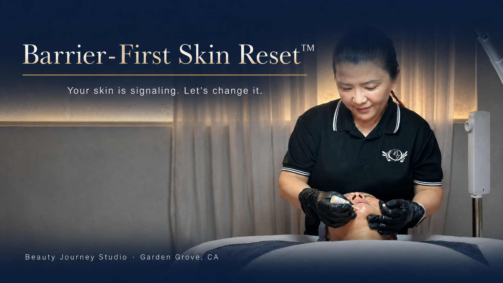 Kristina, licensed esthetician at Beauty Journey Studio, treating a client's skin during a Barrier-First Skin Reset session in Garden Grove, CA