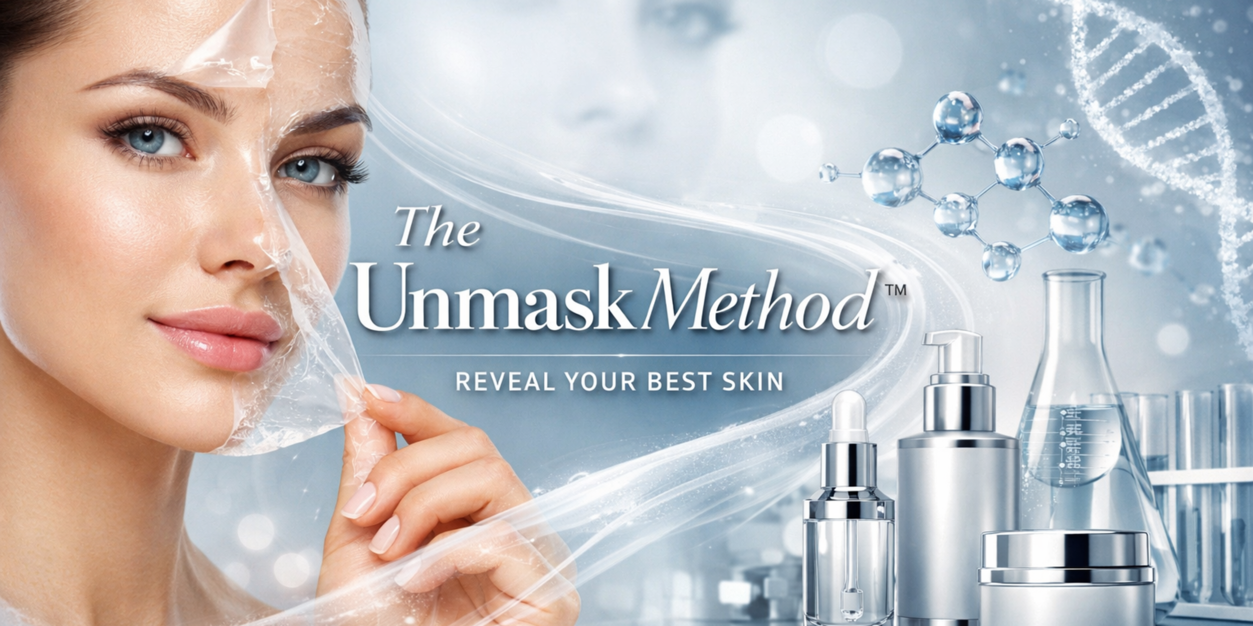 A woman with blue eyes and clear skin peels back a translucent facial mask, with scientific laboratory and skincare product bottles in the background, and graphics of molecules and DNA strands. Text reads 'The Unmask Method™' and 'Reveal Your Best Skin.'