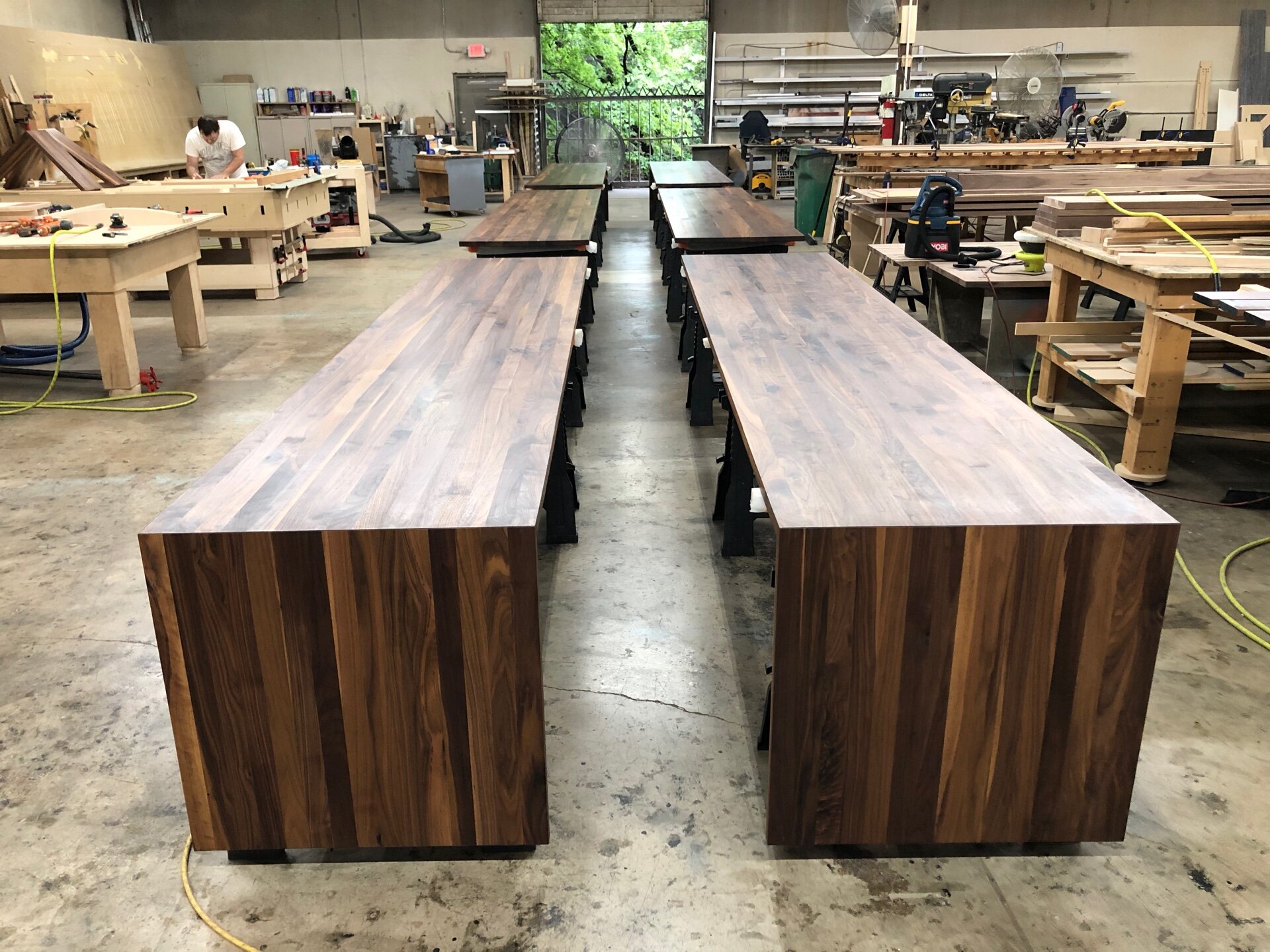 Finished table tops prior to delivery